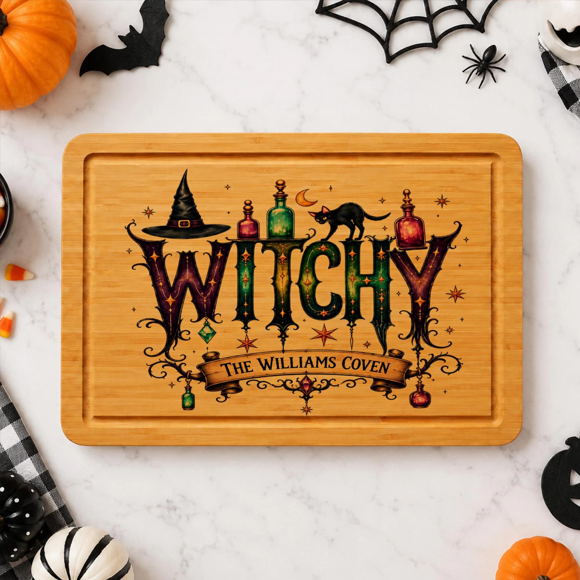 Personalized Halloween Cutting Board, Halloween Witch Cutting Board, Wooden Kitchen Decor, Coven Serving Tray, Custom Bamboo Cutting Board - image 2