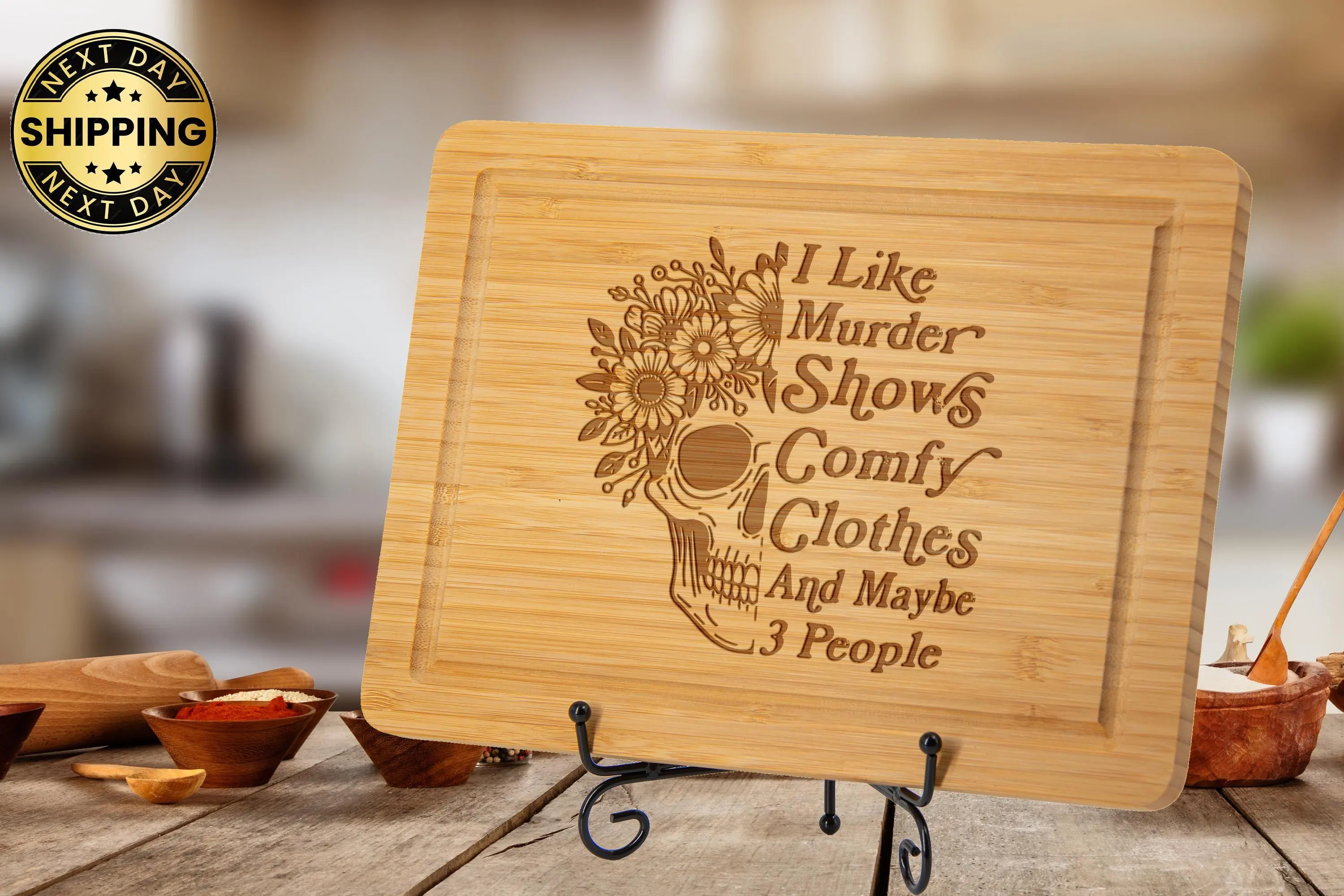 Christmas, Skull With Flowers Cutting Board, Unique Christmas Gift, Engraved Murder Shows Kitchen Board, Christmas Gift, Funny Skull Decor