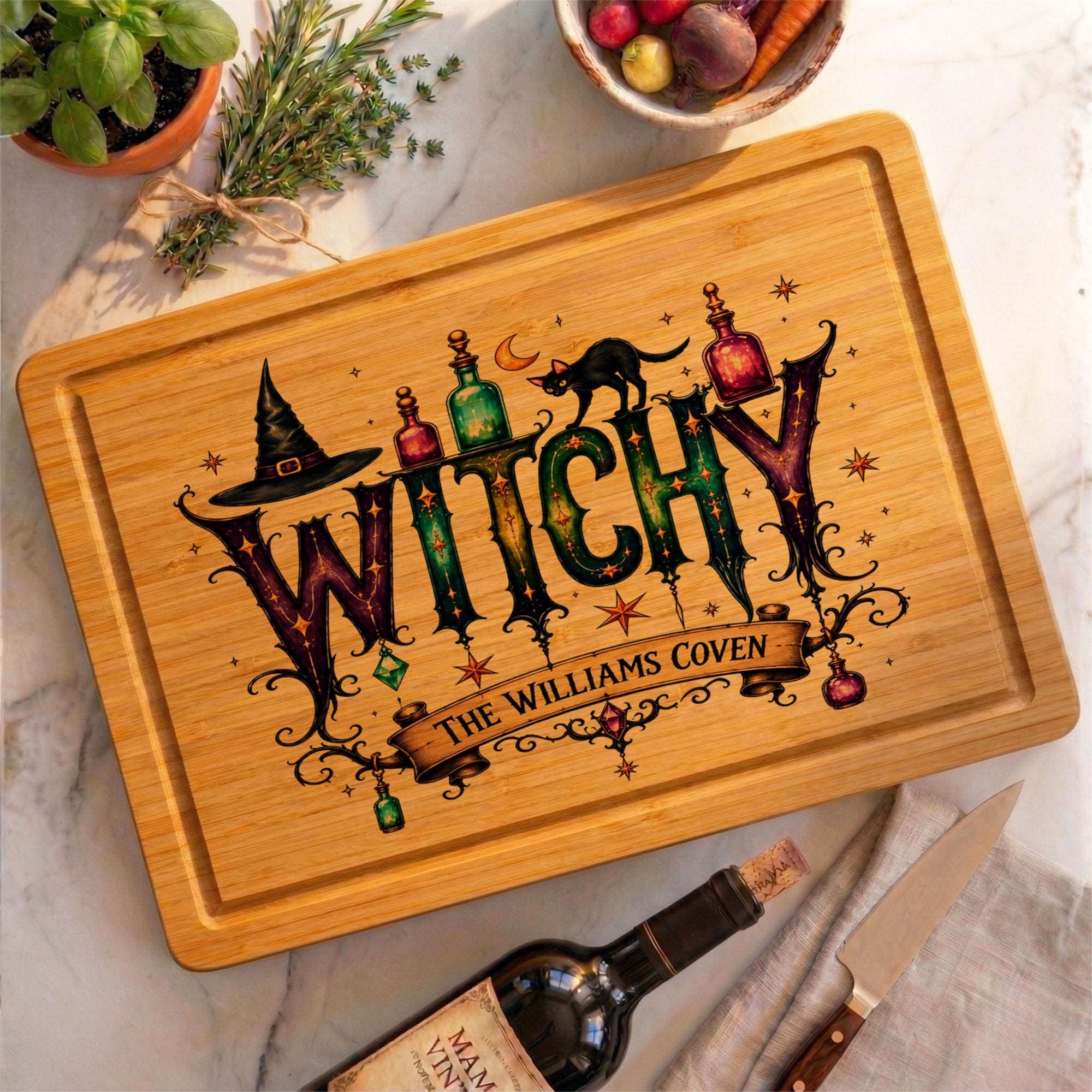 Personalized Halloween Cutting Board, Halloween Witch Cutting Board, Wooden Kitchen Decor, Coven Serving Tray, Custom Bamboo Cutting Board
