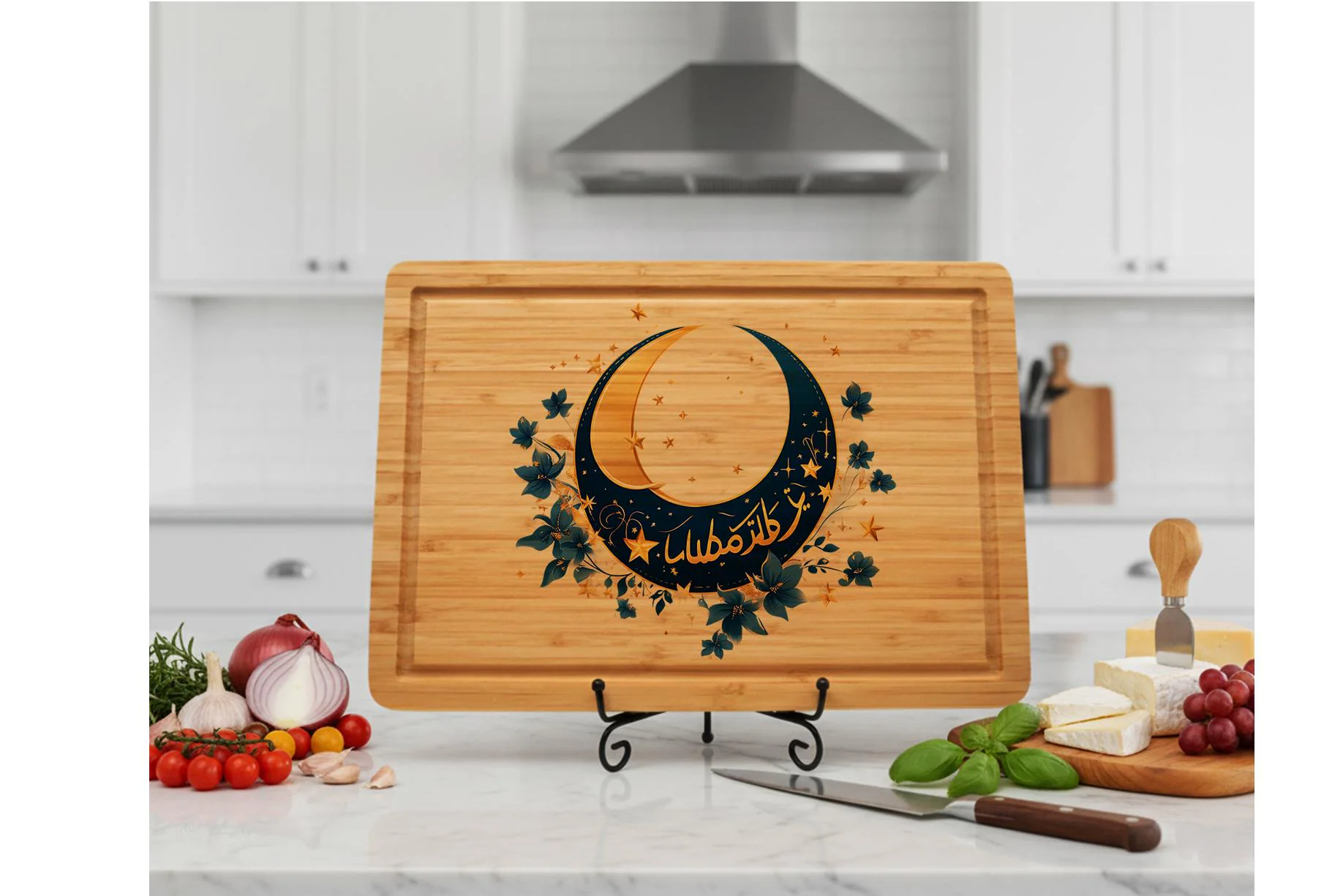 May include: A rectangular bamboo cutting board with a decorative crescent moon design. The moon is navy blue and gold, surrounded by floral accents and Arabic script. The board is displayed on a black metal stand.