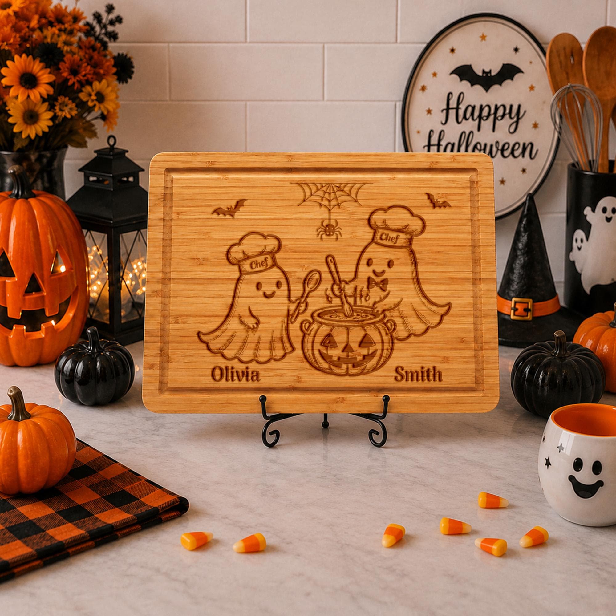 Personalized Halloween Cutting Board, Engraved Ghost Family Kitchen Decor, Custom Bamboo Cutting Board, Halloween Kitchen Gift - image 5
