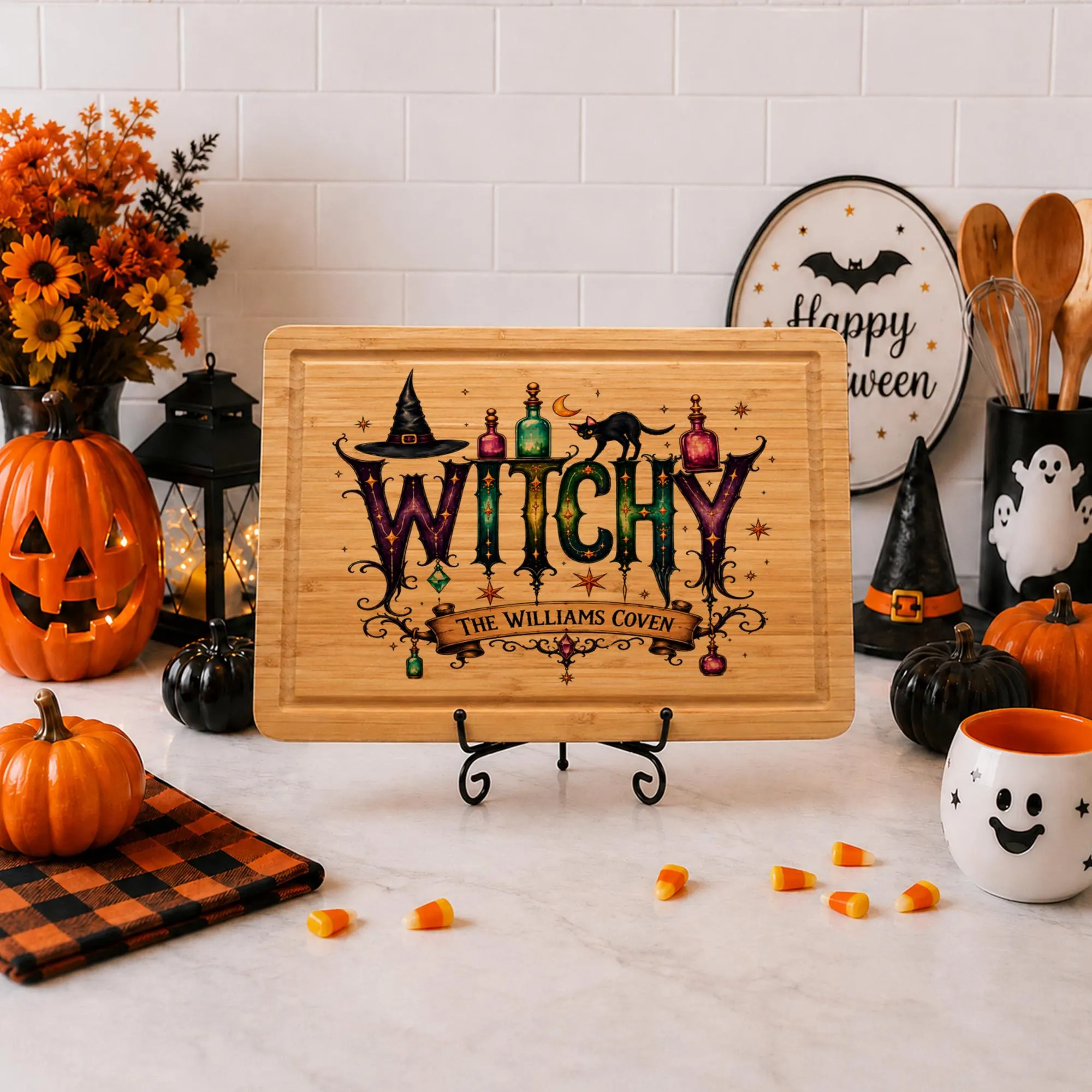 Personalized Halloween Cutting Board, Halloween Witch Cutting Board, Wooden Kitchen Decor, Coven Serving Tray, Custom Bamboo Cutting Board - image 4