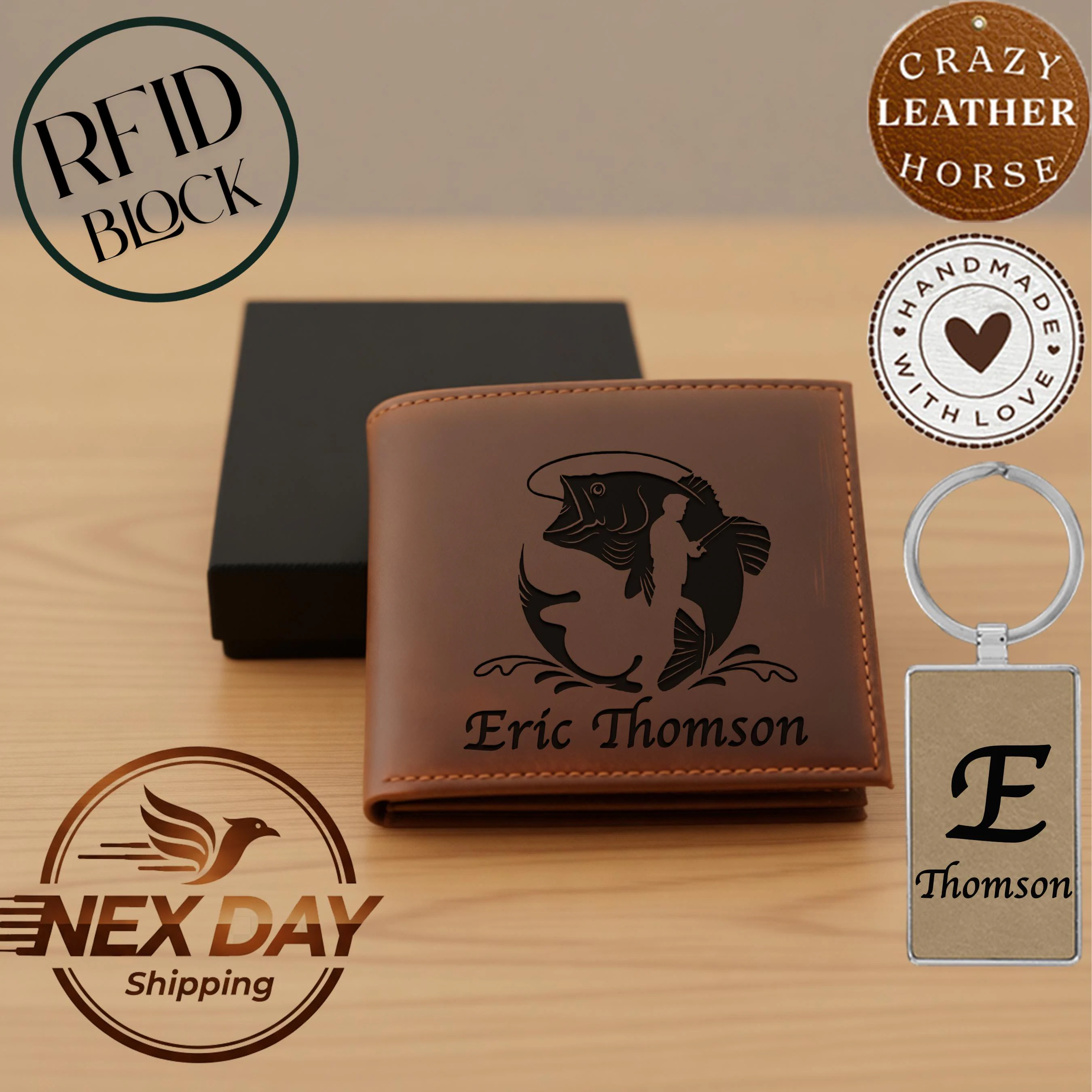 Personalized Leather Wallet Fishing Gift for Men, Personalized Hunter Wallet with Fish, Fisherman Gift for Men, Outdoorsman Gift, Dad