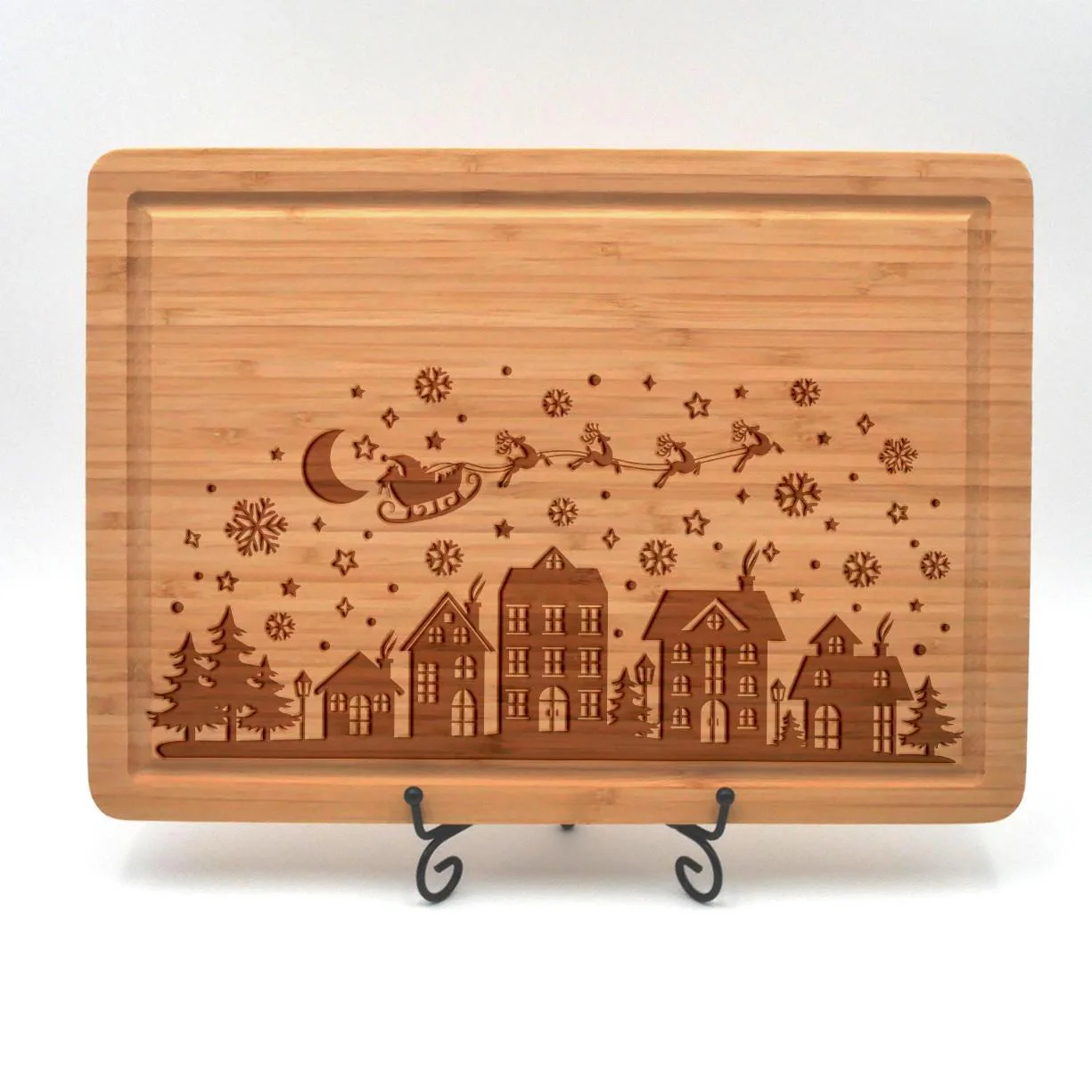 Engraved Santa Sleigh and Home Cutting Board, Festive Holiday Decor for Christmas Cooking and Serving, Charcuterie Tray or Rustic Gift,