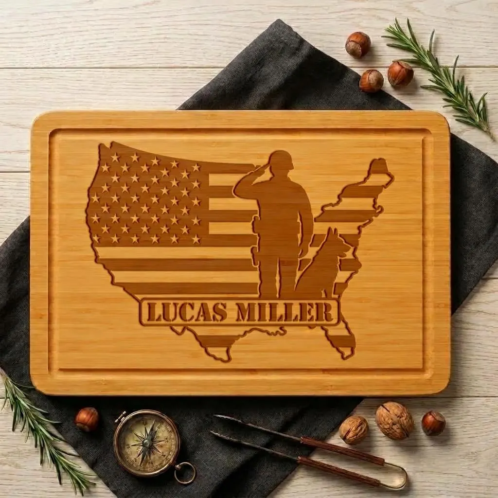 Personalized Military Retirement Cutting Board, Veteran/Memorial Day Gift, USA Flag Patriot Gift for Dad, Husband, Grandpa, Kitchen Decor - image 2