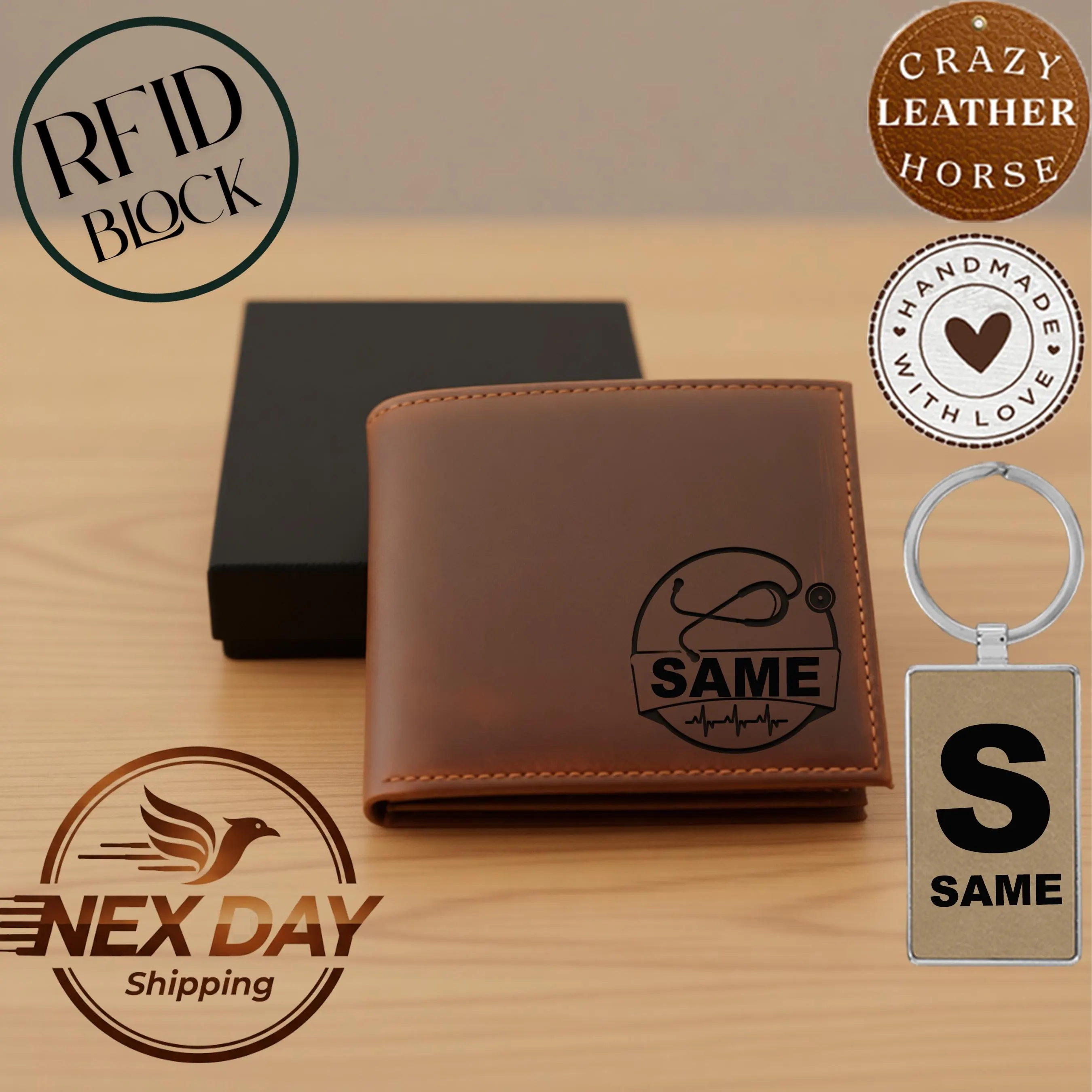 Doctor Wallet With Stethoscope, Custom Nurse Leather Wallet, Medical Engraved Leather Wallet, RN Gift for Men, EMT PA Gift, Healthcare Gift