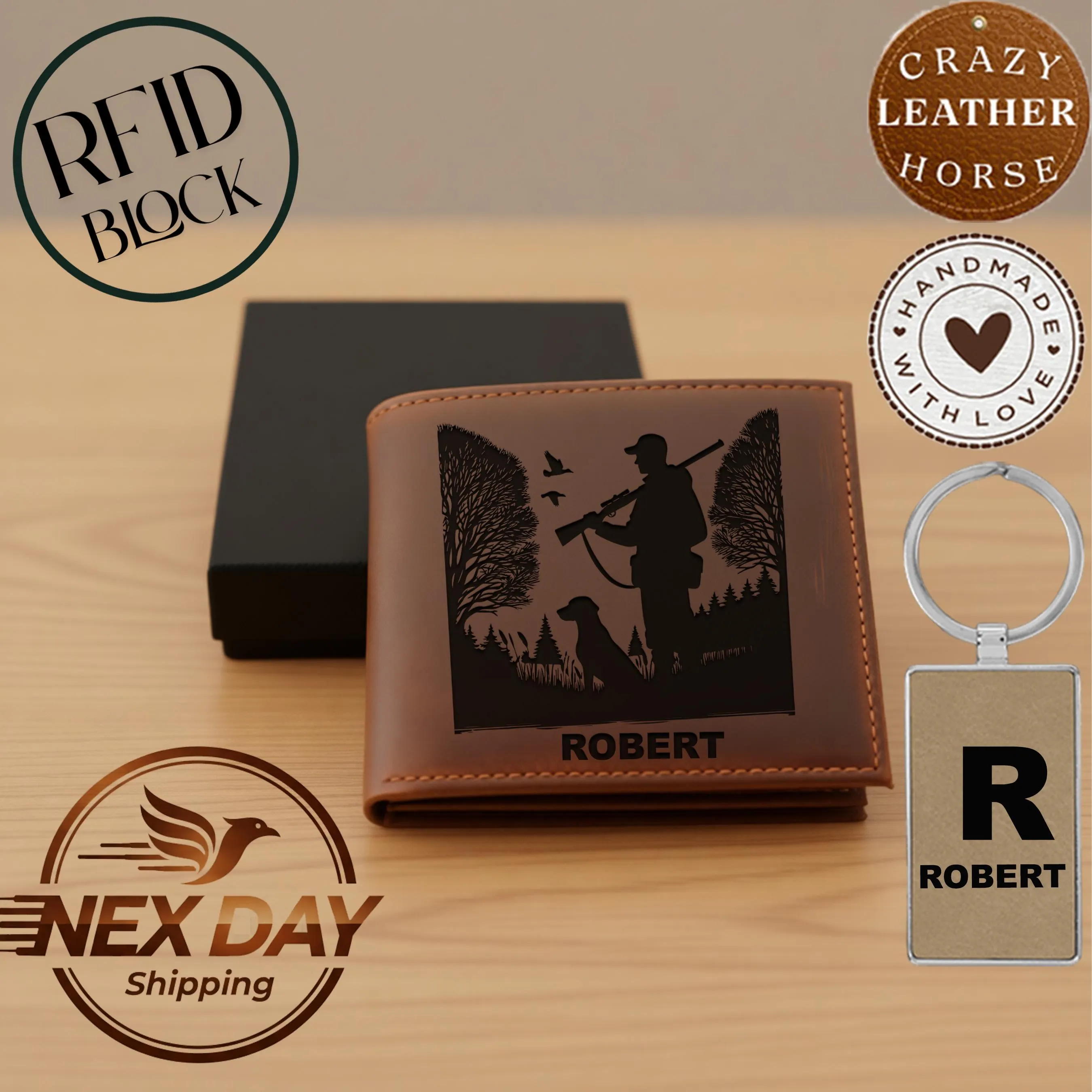 Personalized Leather Wallet Gift for Men, Personalized Hunter Wallet with Dog, Hunting Gift for Men,  Duck Hunter Wallet, Outdoorsman Gift