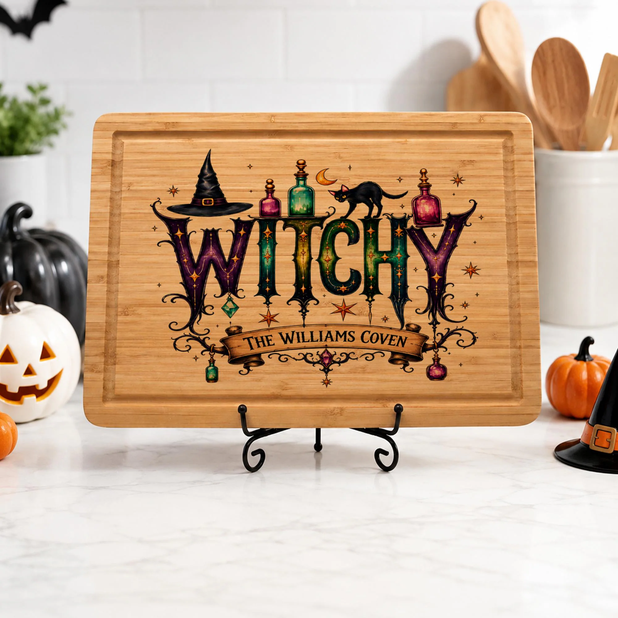 Personalized Halloween Cutting Board, Halloween Witch Cutting Board, Wooden Kitchen Decor, Coven Serving Tray, Custom Bamboo Cutting Board - image 3
