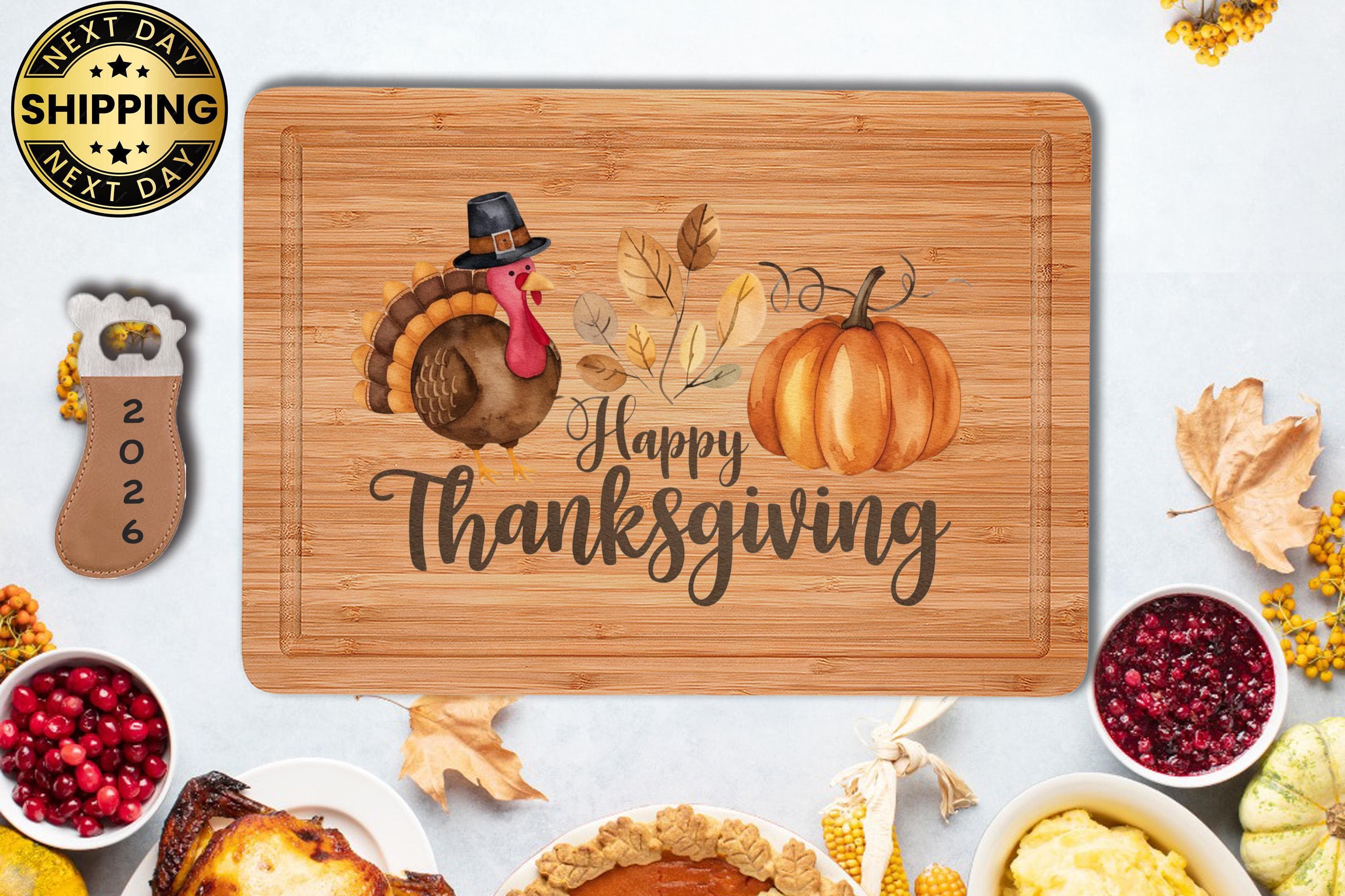 Happy Thanksgiving Cutting Board, Bamboo Serving Board With Turkey & Pumpkin Design, Holiday Kitchen Decor, Hostess or Housewarming Gift