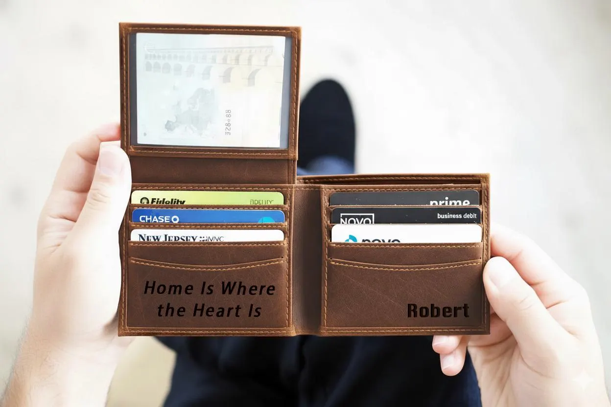 A person's hands holding an open brown wallet with multiple credit cards visible inside.