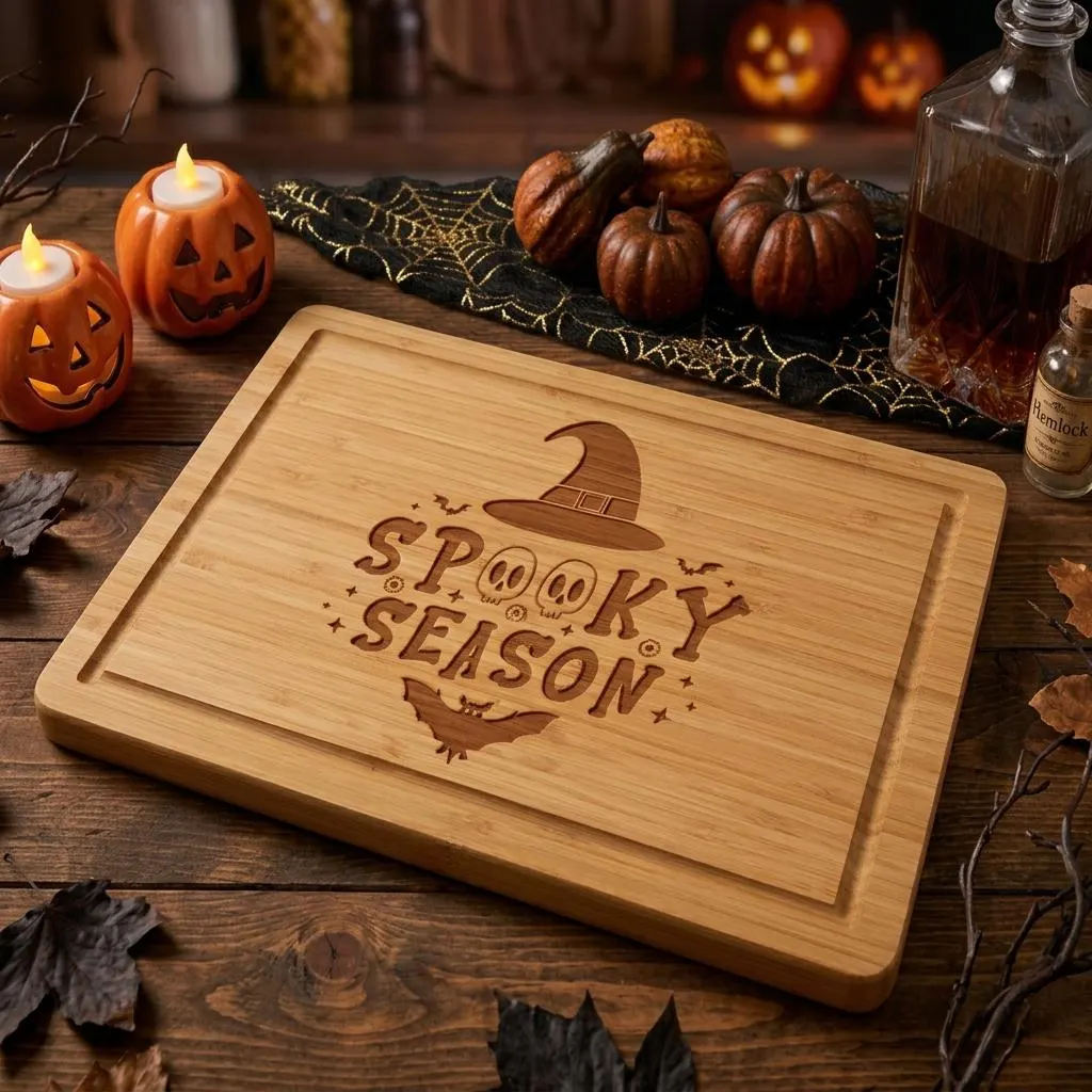 Halloween Cutting Board: Witch, Ghost & Pumpkin Bamboo Decor, Engraved Bamboo Cutting Board