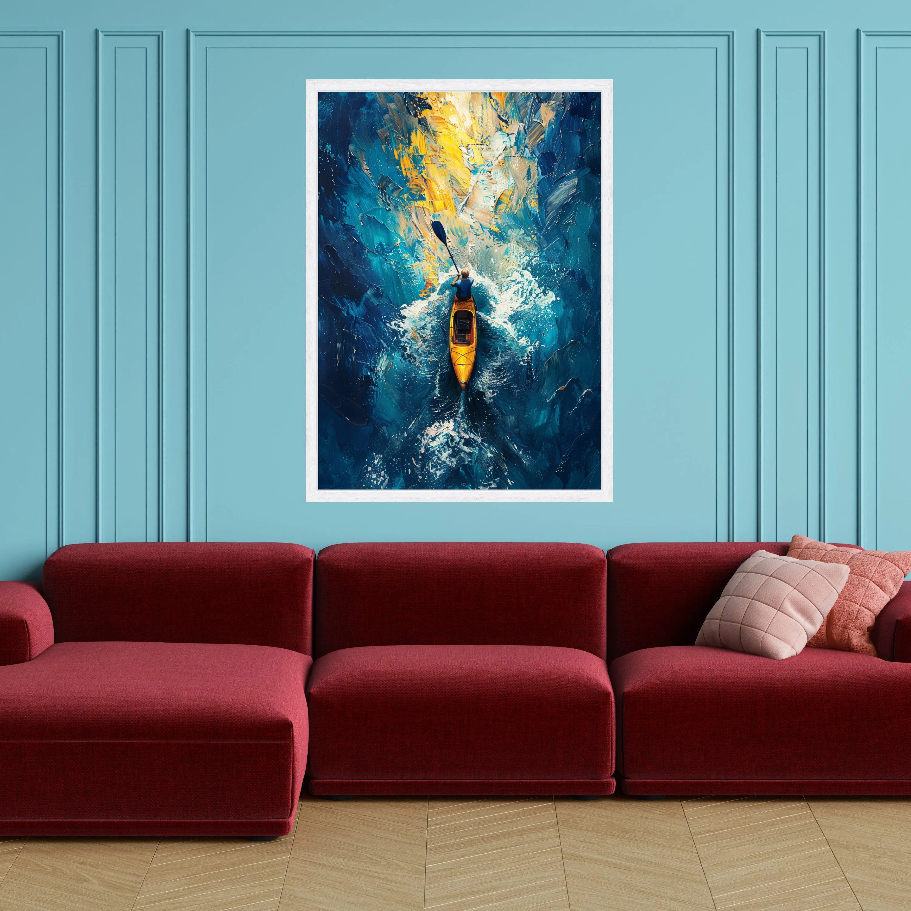Kayaker Yellow Canoe Abstract Canvas Art, Blue Water Splash Wall Décor - image 4