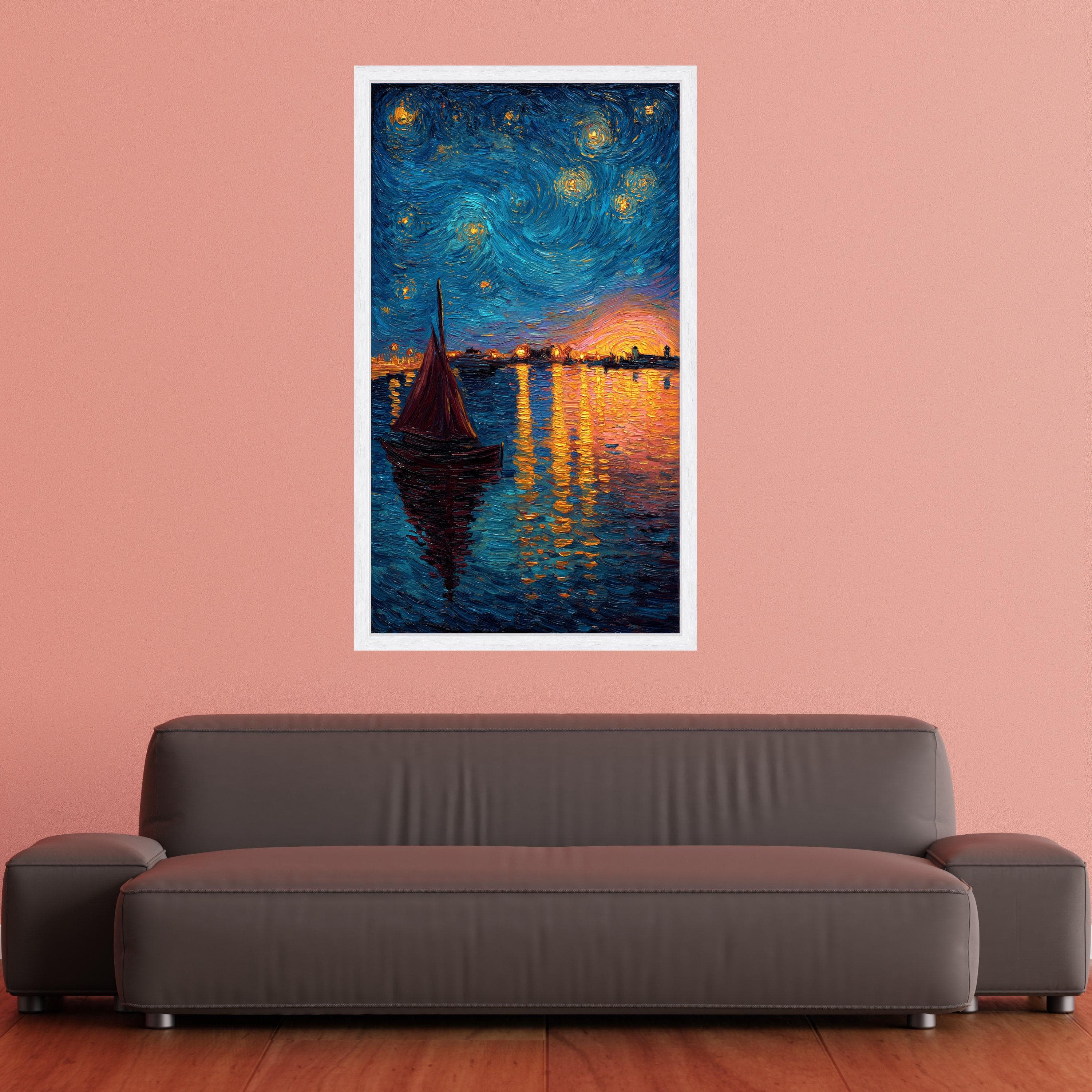 Starry Night Sailboat Canvas Art, Vibrant Sunset Reflection Wall Decor - image 4