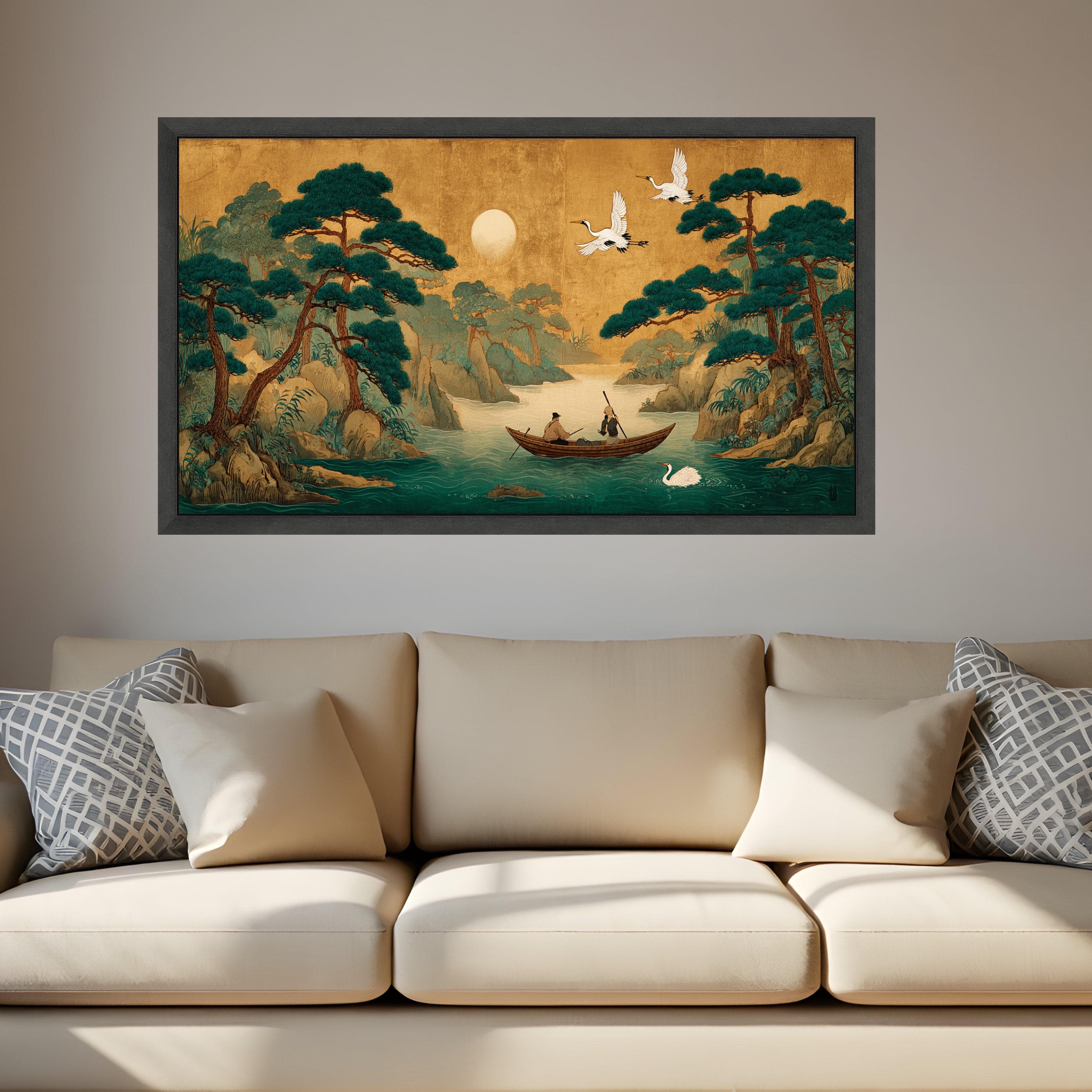 Traditional Asian River Scene Canvas, Fishermen Boat, Pine Trees, Cranes Wall Art - image 4
