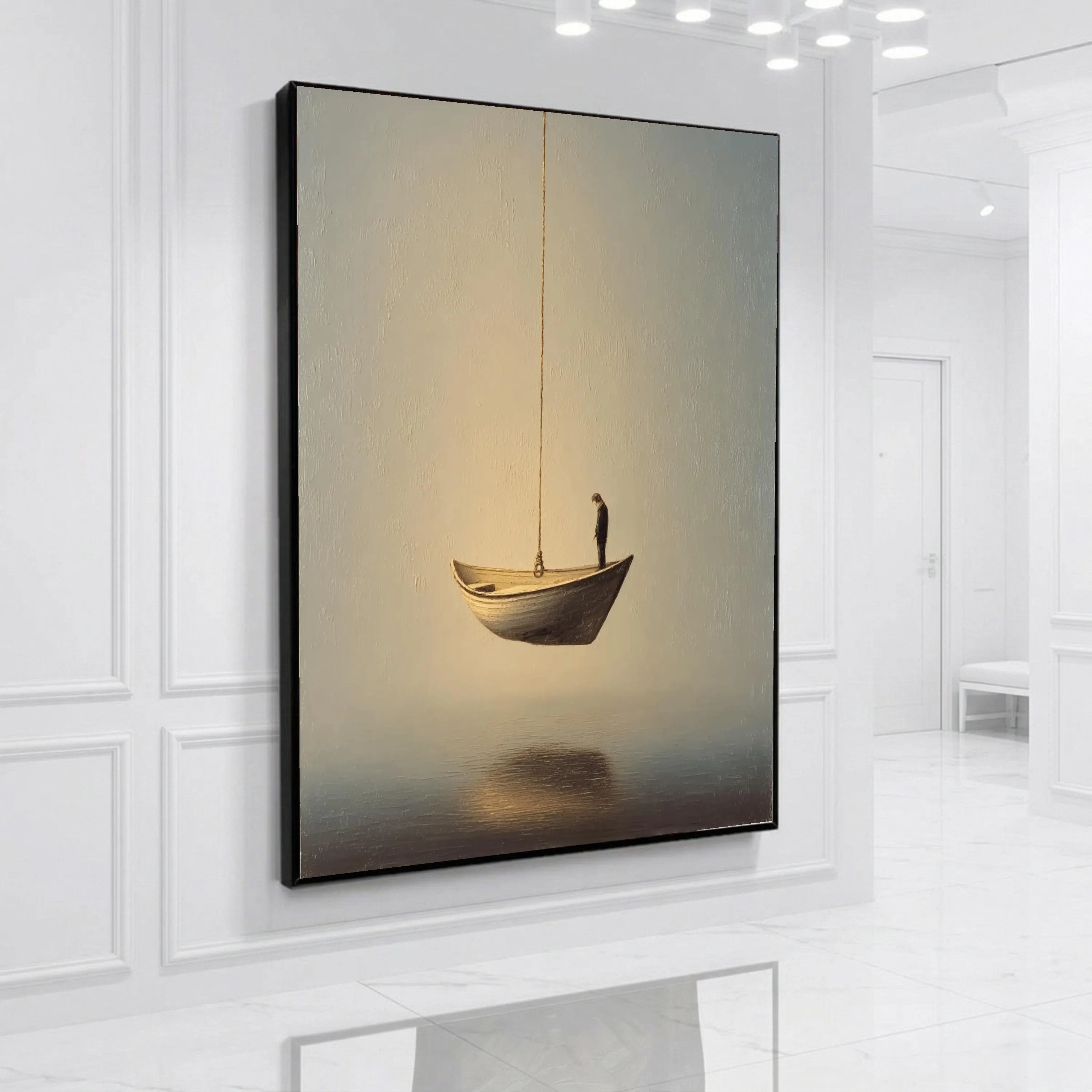 Contemplative Man on Suspended Boat Canvas, Minimalist Surreal Wall Art, Reflective Mood Home Decor, Thoughtful Figure Canvas