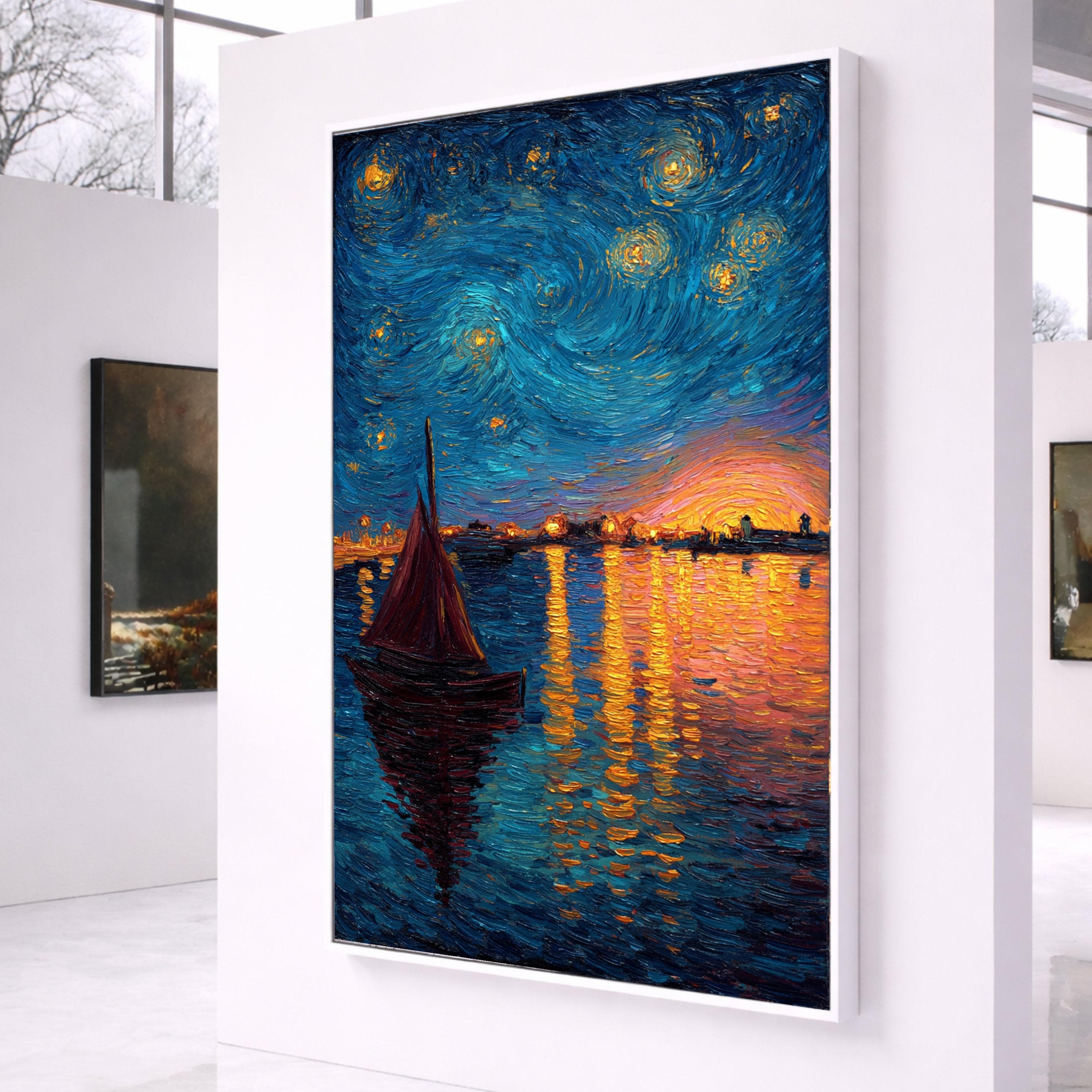 Starry Night Sailboat Canvas Art, Vibrant Sunset Reflection Wall Decor
