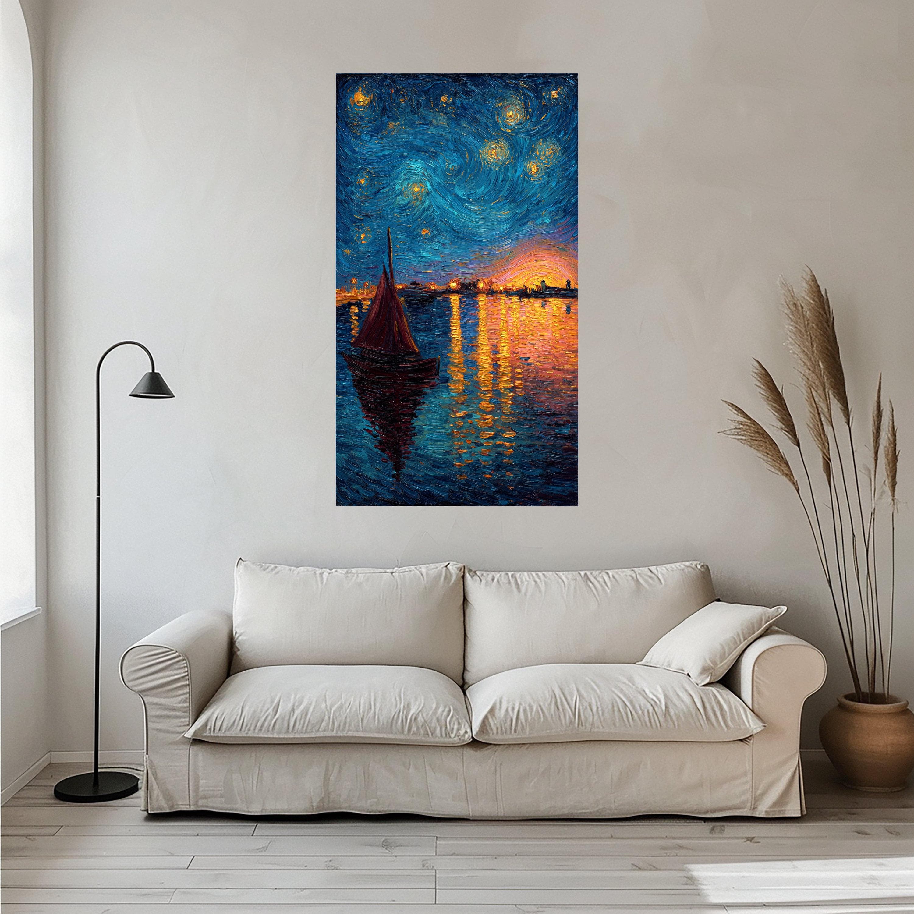 Starry Night Sailboat Canvas Art, Vibrant Sunset Reflection Wall Decor - image 3
