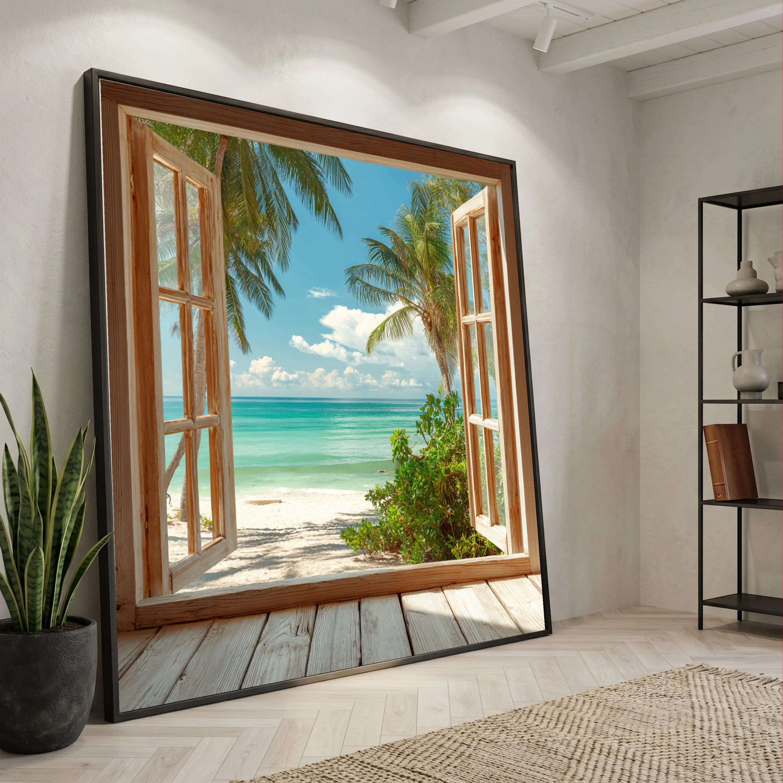 Tropical Beach Window Canvas, Ocean Palm Trees Seaside Landscape Wall Art (Ready to Hang)