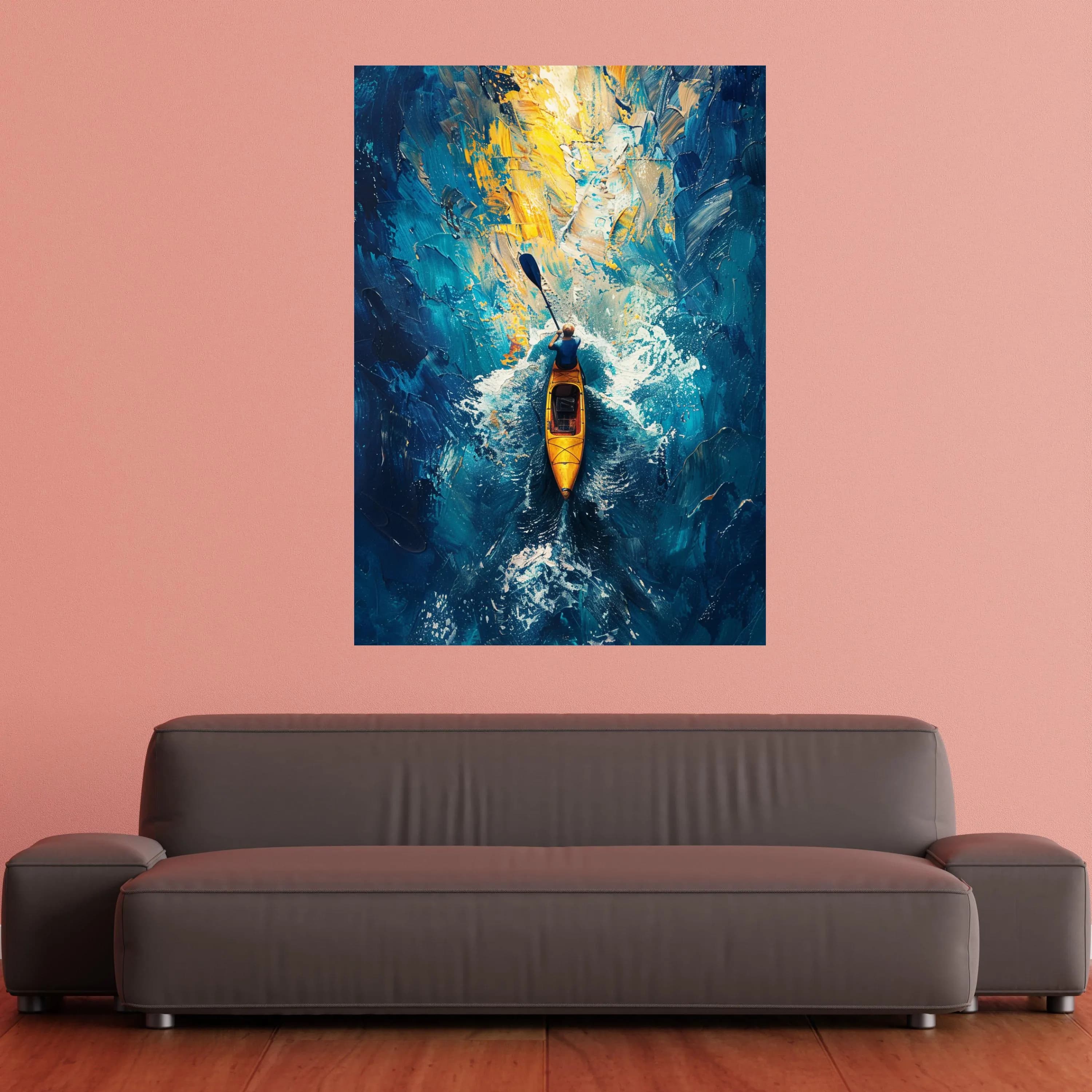 Kayaker Yellow Canoe Abstract Canvas Art, Blue Water Splash Wall Décor - image 3