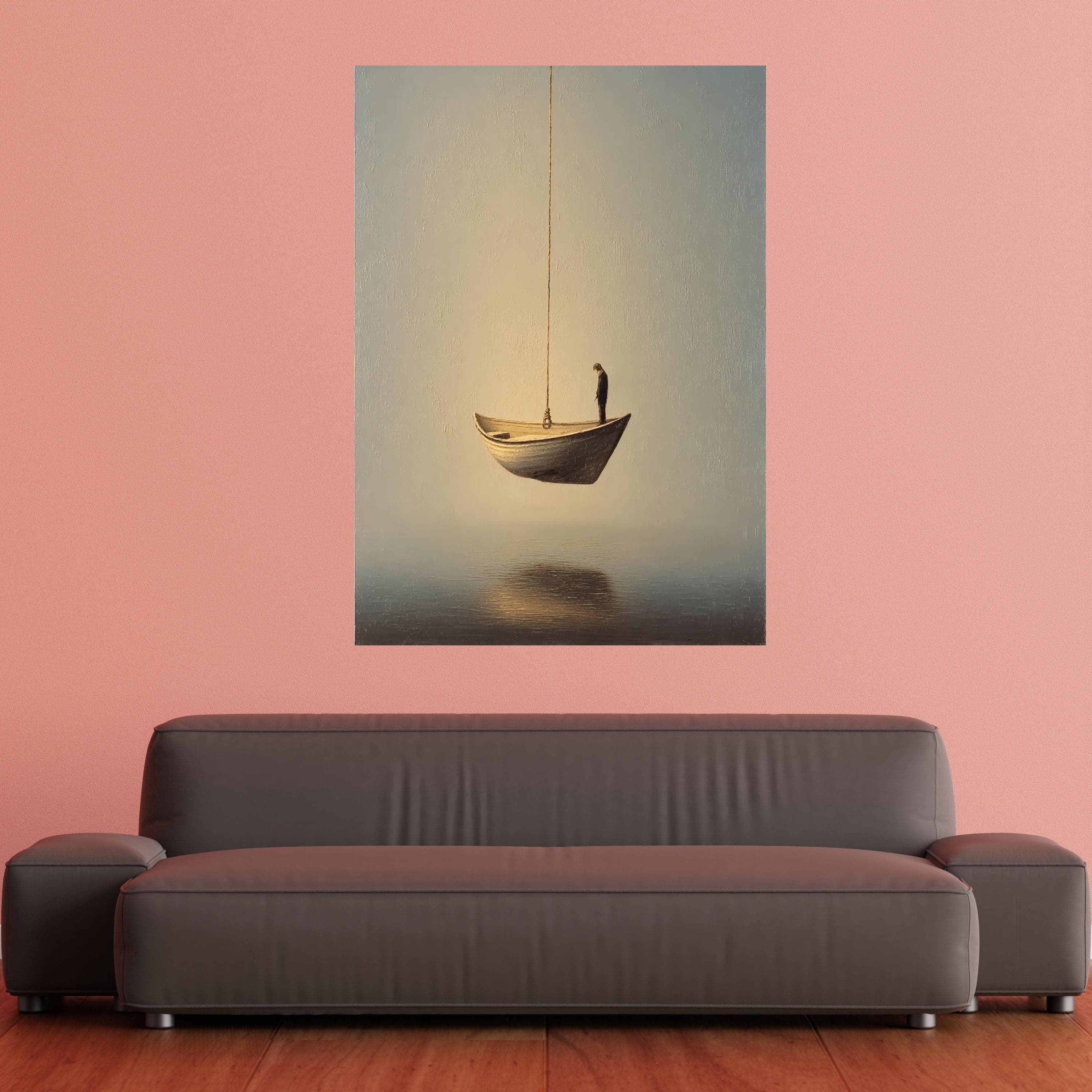 Contemplative Man on Suspended Boat Canvas, Minimalist Surreal Wall Art, Reflective Mood Home Decor, Thoughtful Figure Canvas - image 3