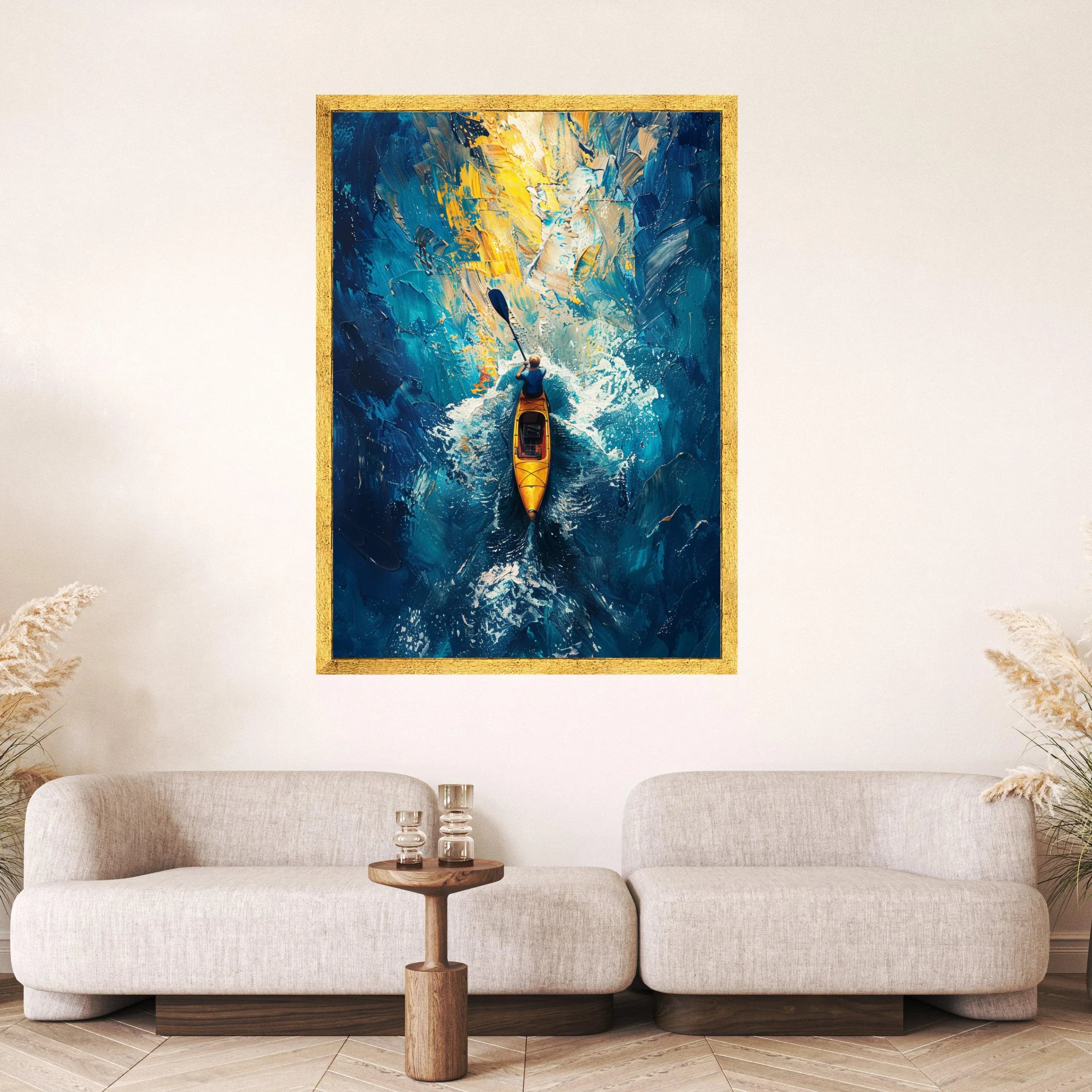 Kayaker Yellow Canoe Abstract Canvas Art, Blue Water Splash Wall Décor - image 5