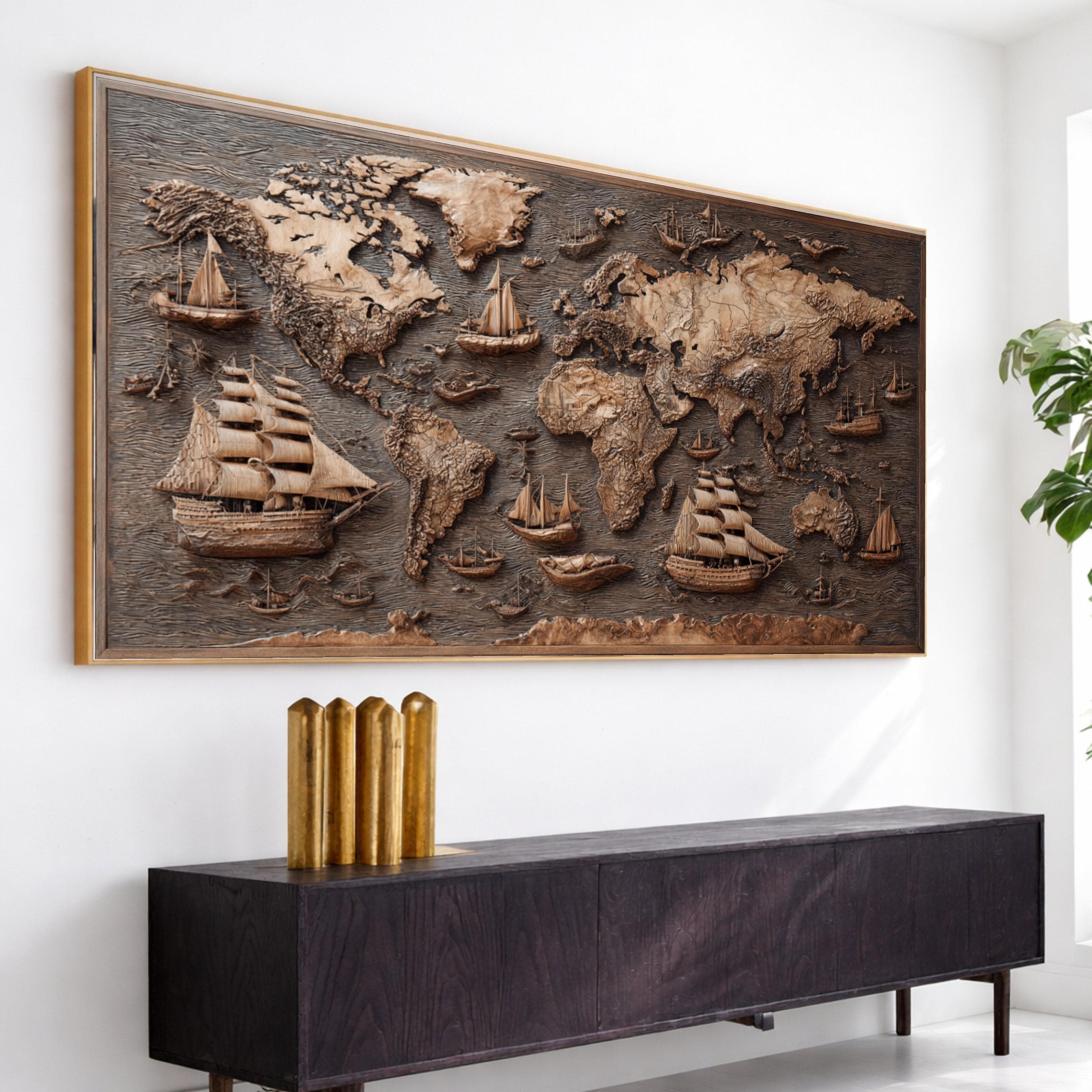 Vintage World Map Canvas, Nautical Sailing Ship Wall Art, Rustic Maritime Canvas, Antique Map Home Decor, Ocean Exploration Design