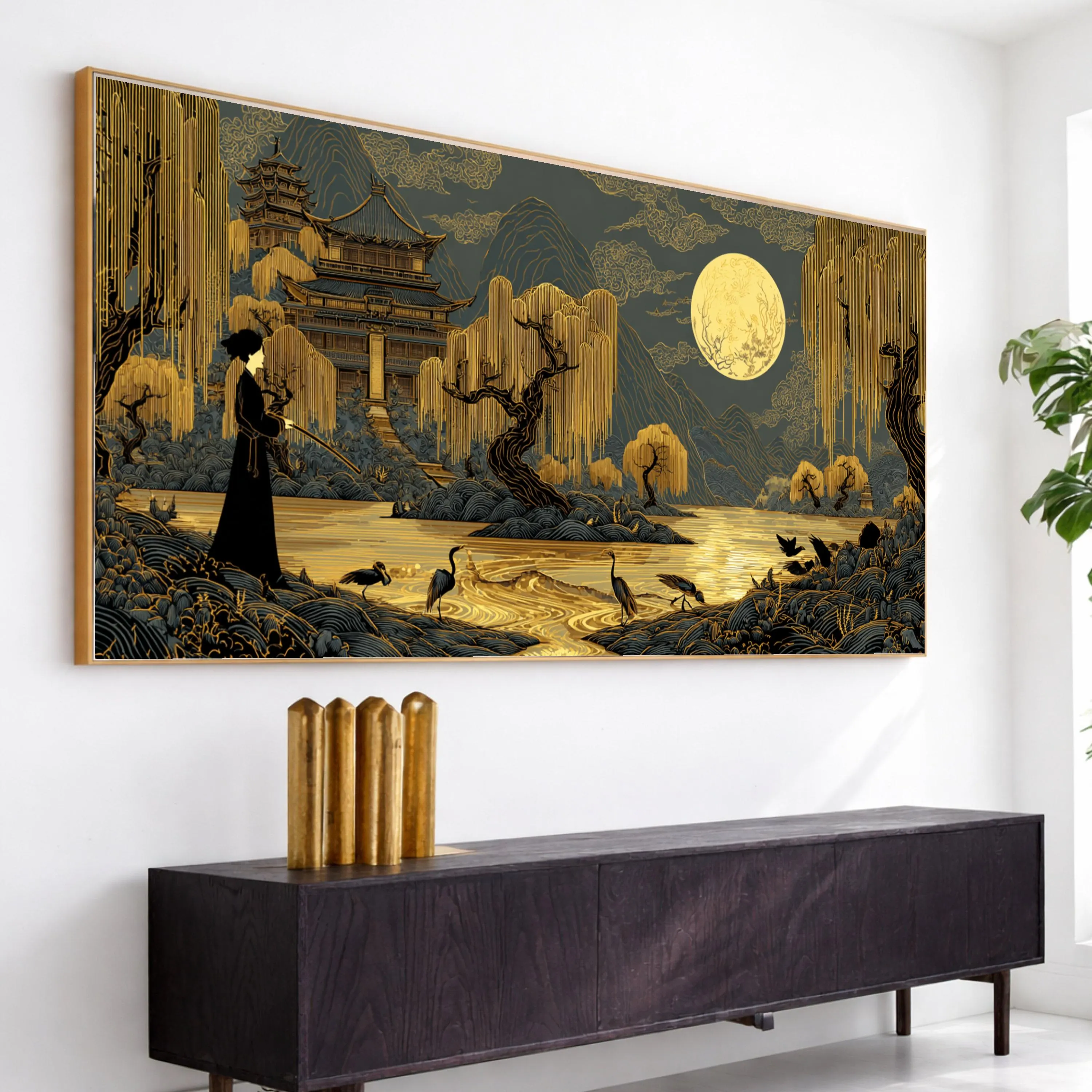 Golden Moonlit Japanese Landscape Canvas, Serene Pagoda Willow Crane Art