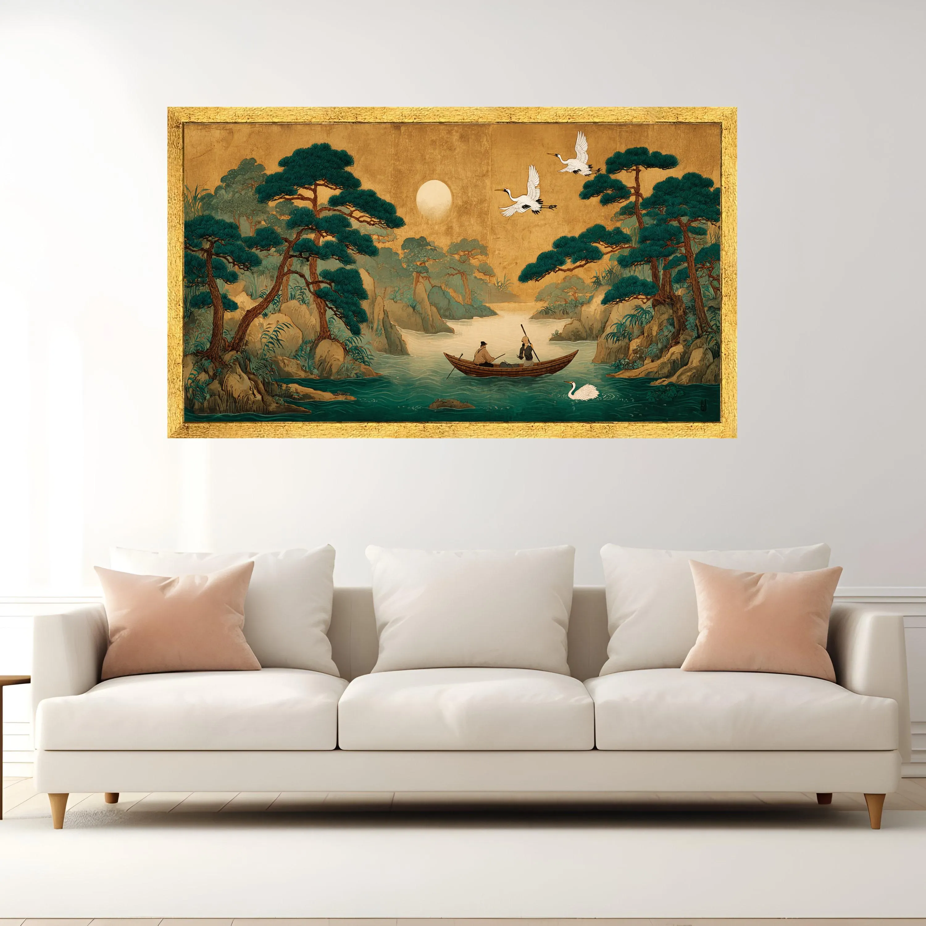 Traditional Asian River Scene Canvas, Fishermen Boat, Pine Trees, Cranes Wall Art - image 3