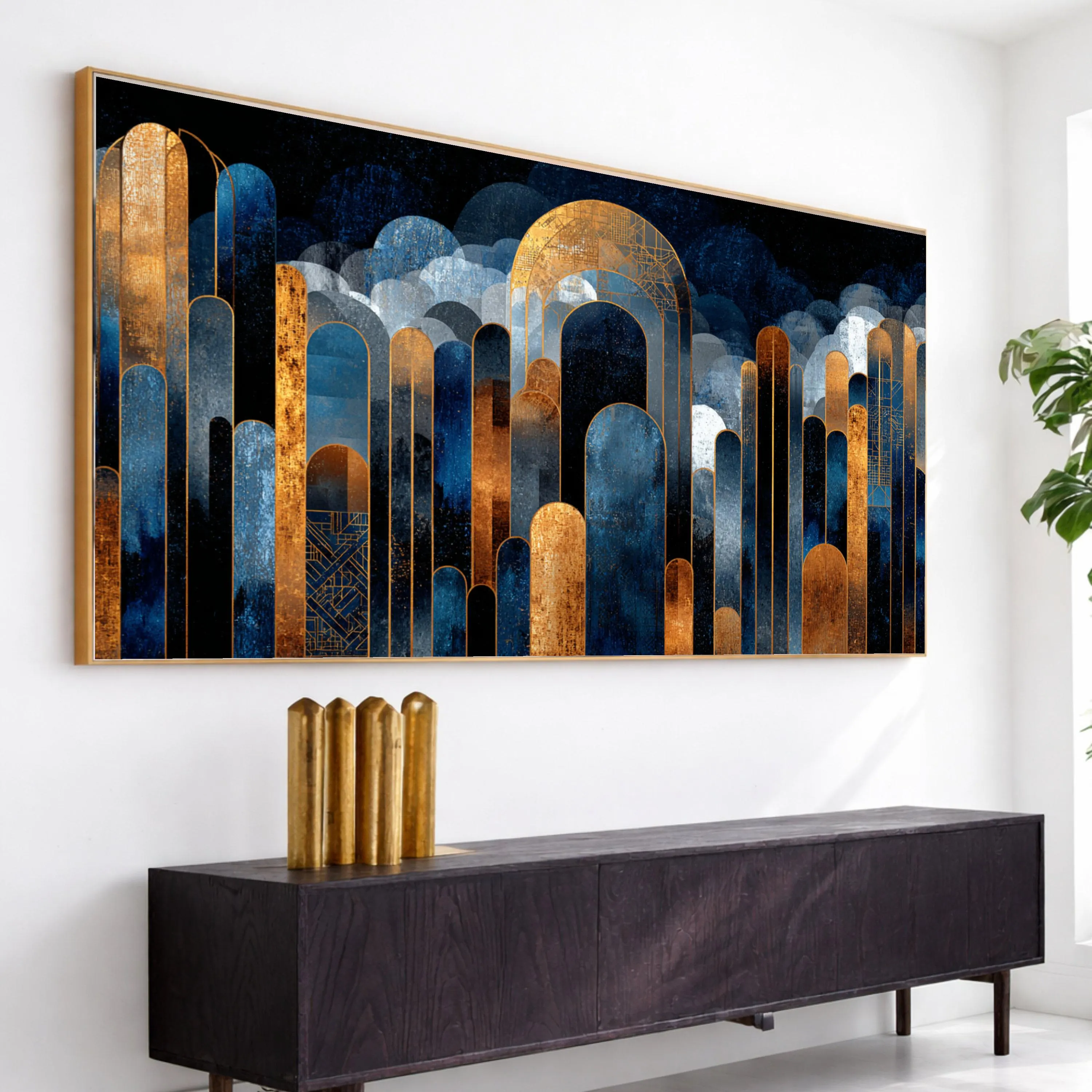 Modern Abstract Cityscape Canvas, Blue and Gold Geometric Wall Art, Urban Skyline Design, Contemporary Home Decoration Canvas
