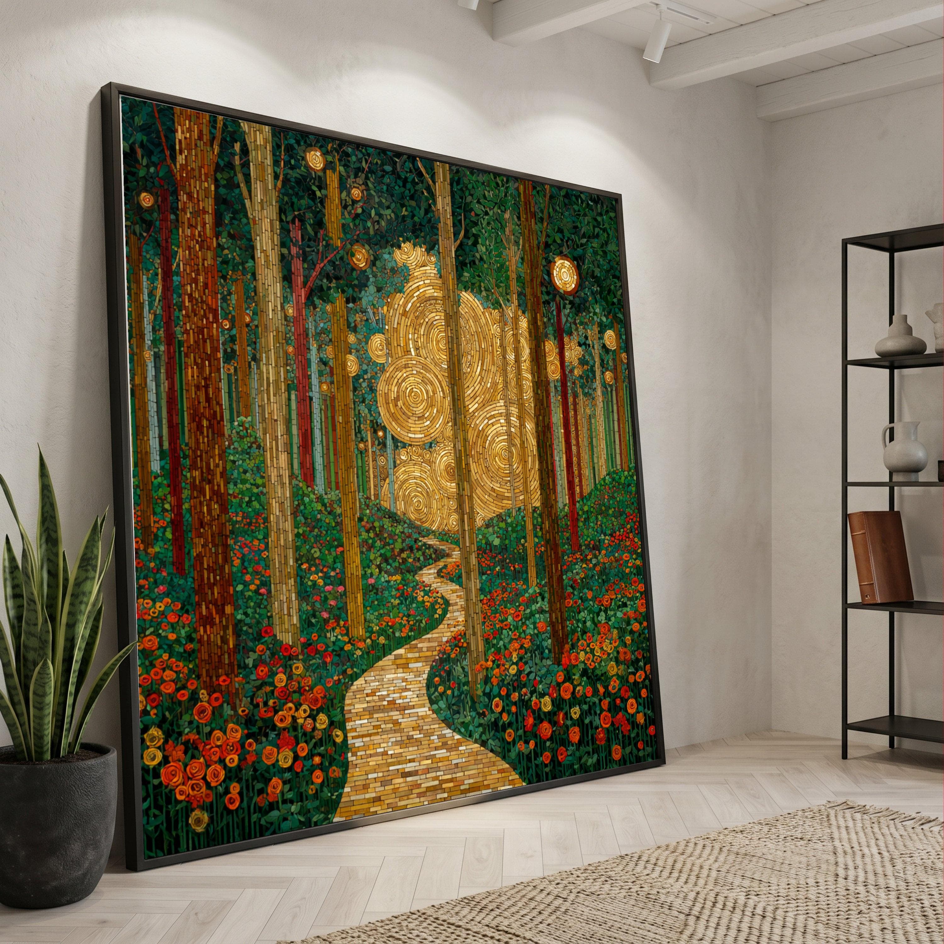 Enchanted Forest Path Canvas, Glowing Moonlight Wall Art, Floral Meadow Landscape (Ready to Hang)