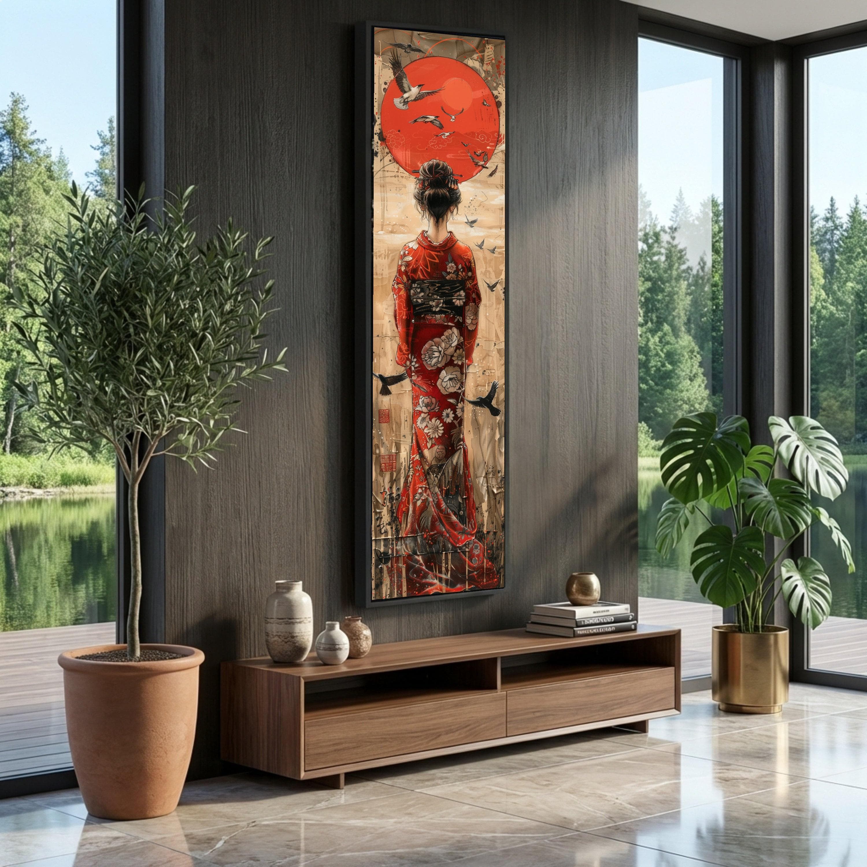 Geisha in Red Kimono Canvas Print, Japanese Art Wall Decor