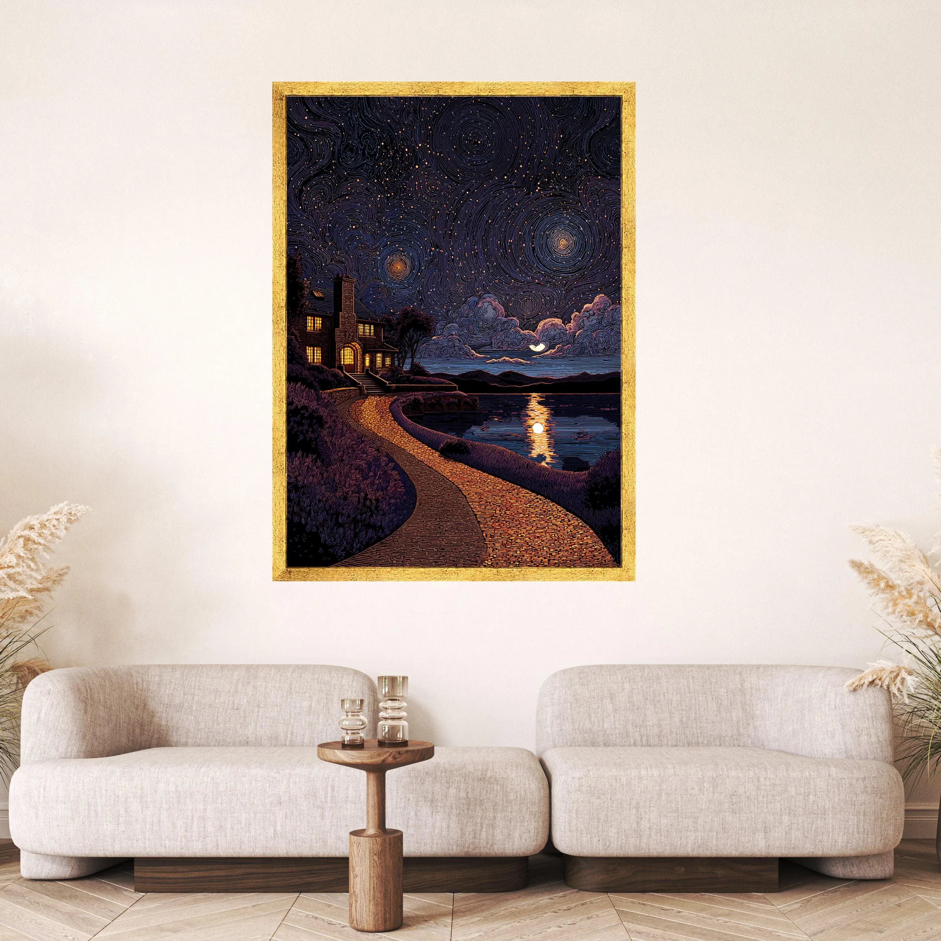 Starry Night Sky Canvas, Cozy Cottage by Lake, Moonlight Reflection Wall Art, Scenic Nature Landscape Canvas, Evening Home Decor - image 5