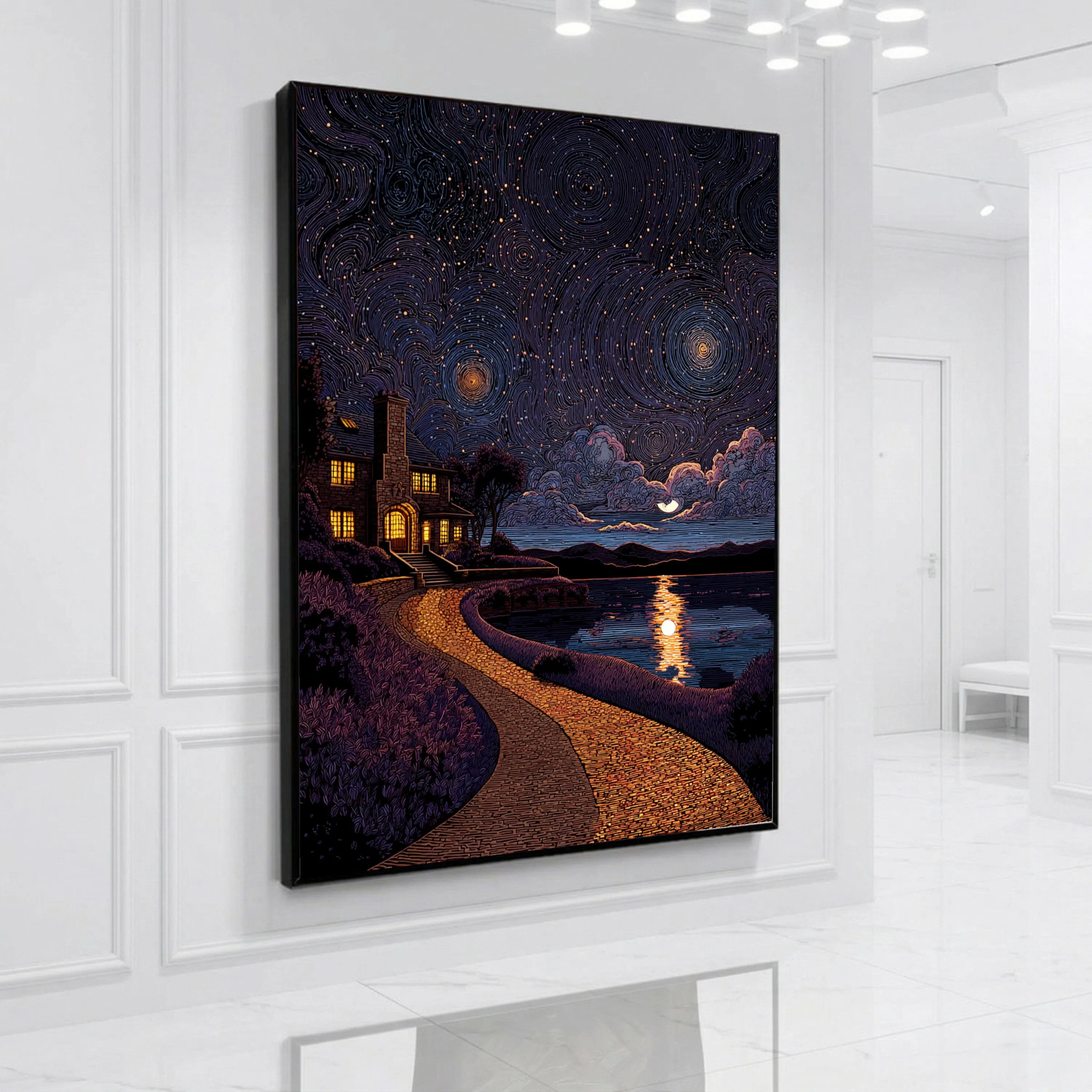 Starry Night Sky Canvas, Cozy Cottage by Lake, Moonlight Reflection Wall Art, Scenic Nature Landscape Canvas, Evening Home Decor