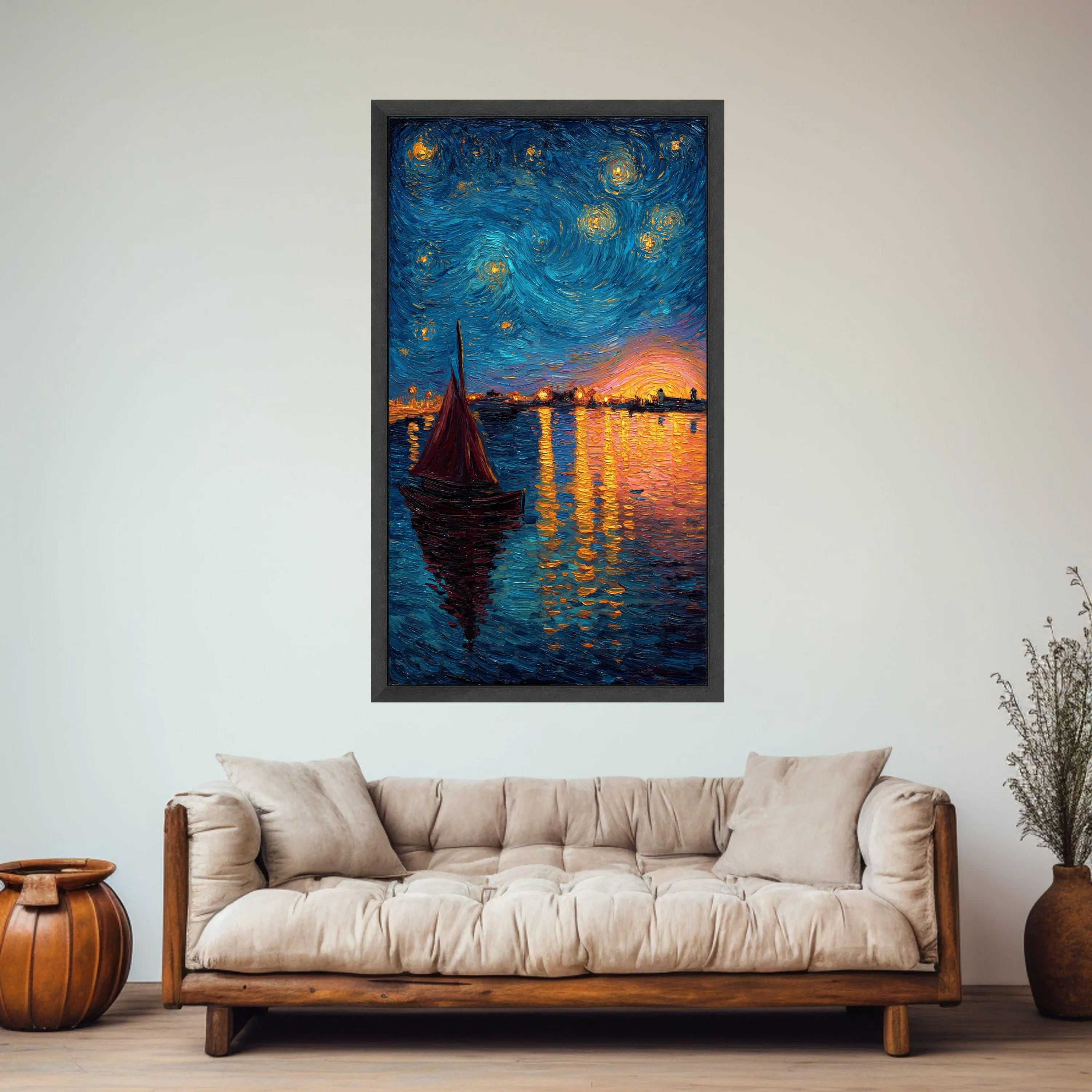 Starry Night Sailboat Canvas Art, Vibrant Sunset Reflection Wall Decor - image 5