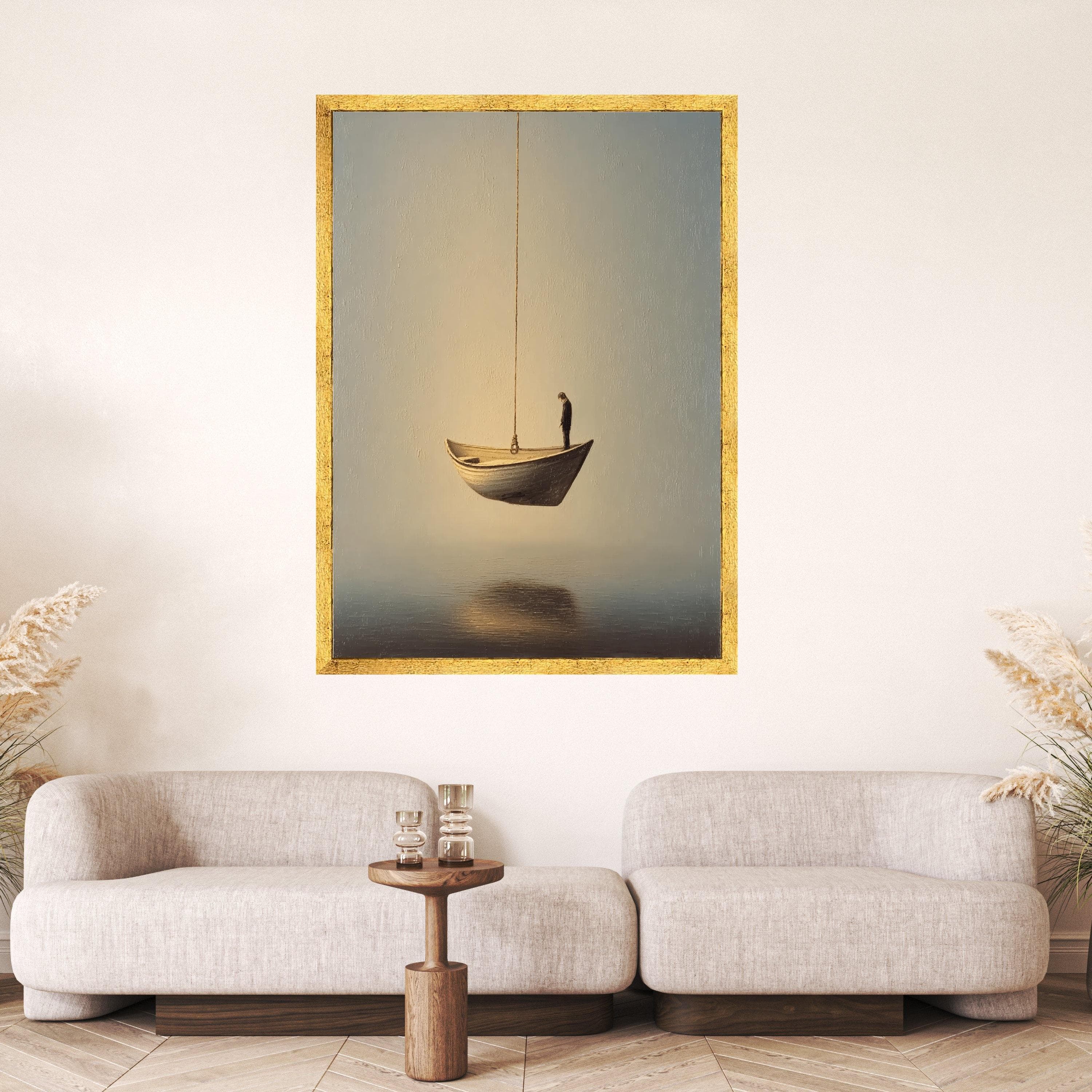 Contemplative Man on Suspended Boat Canvas, Minimalist Surreal Wall Art, Reflective Mood Home Decor, Thoughtful Figure Canvas - image 5