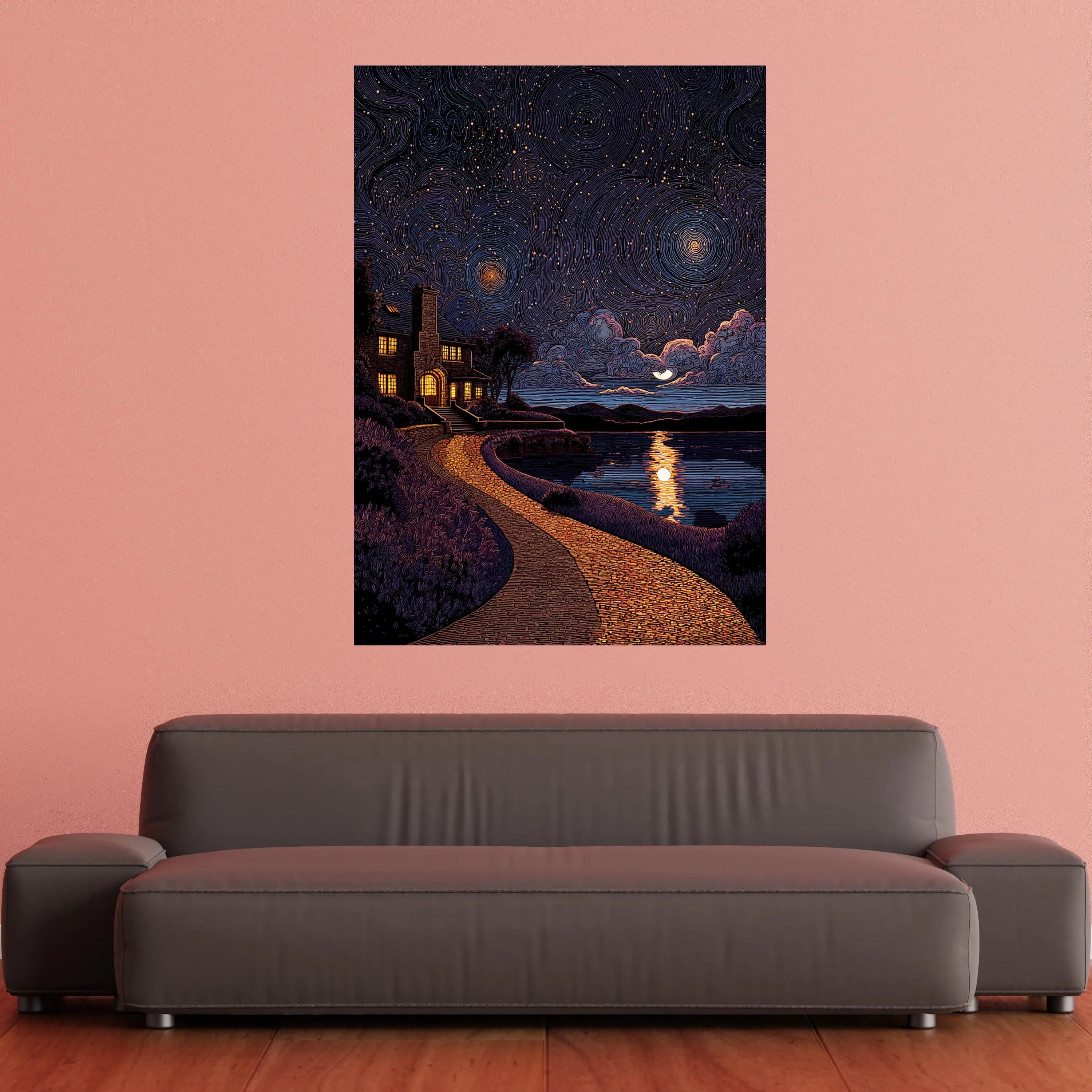 Starry Night Sky Canvas, Cozy Cottage by Lake, Moonlight Reflection Wall Art, Scenic Nature Landscape Canvas, Evening Home Decor - image 3