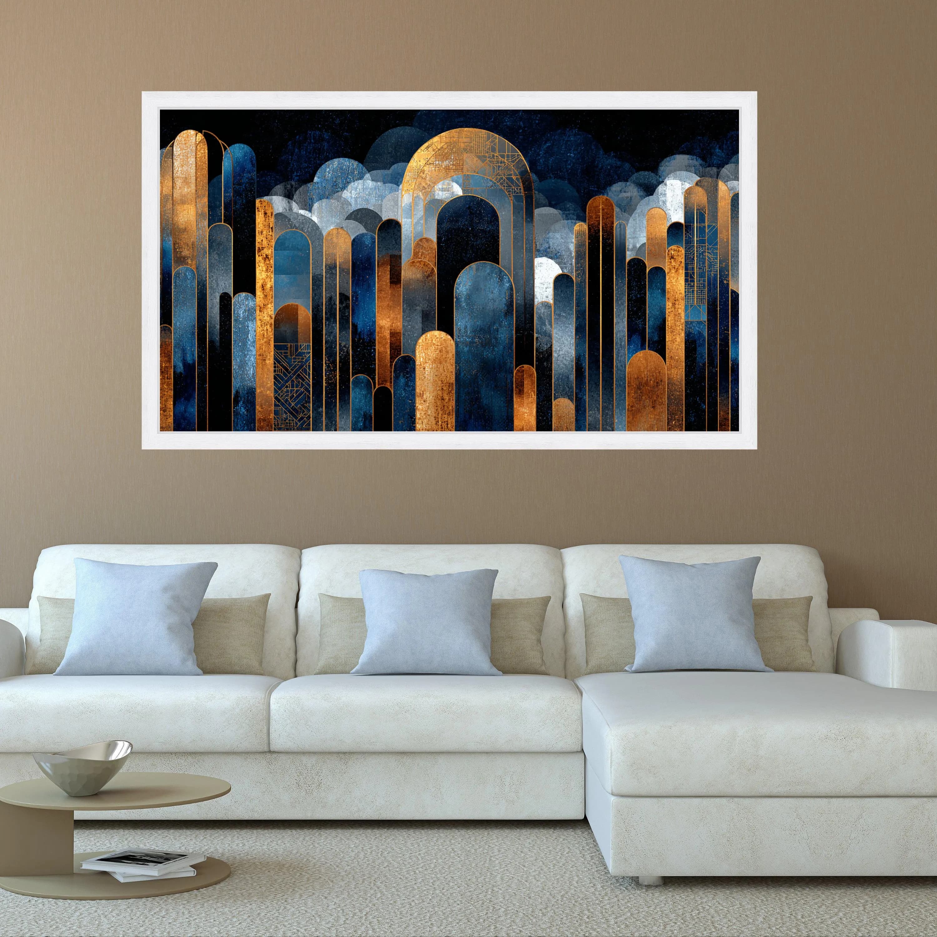 Modern Abstract Cityscape Canvas, Blue and Gold Geometric Wall Art, Urban Skyline Design, Contemporary Home Decoration Canvas - image 5