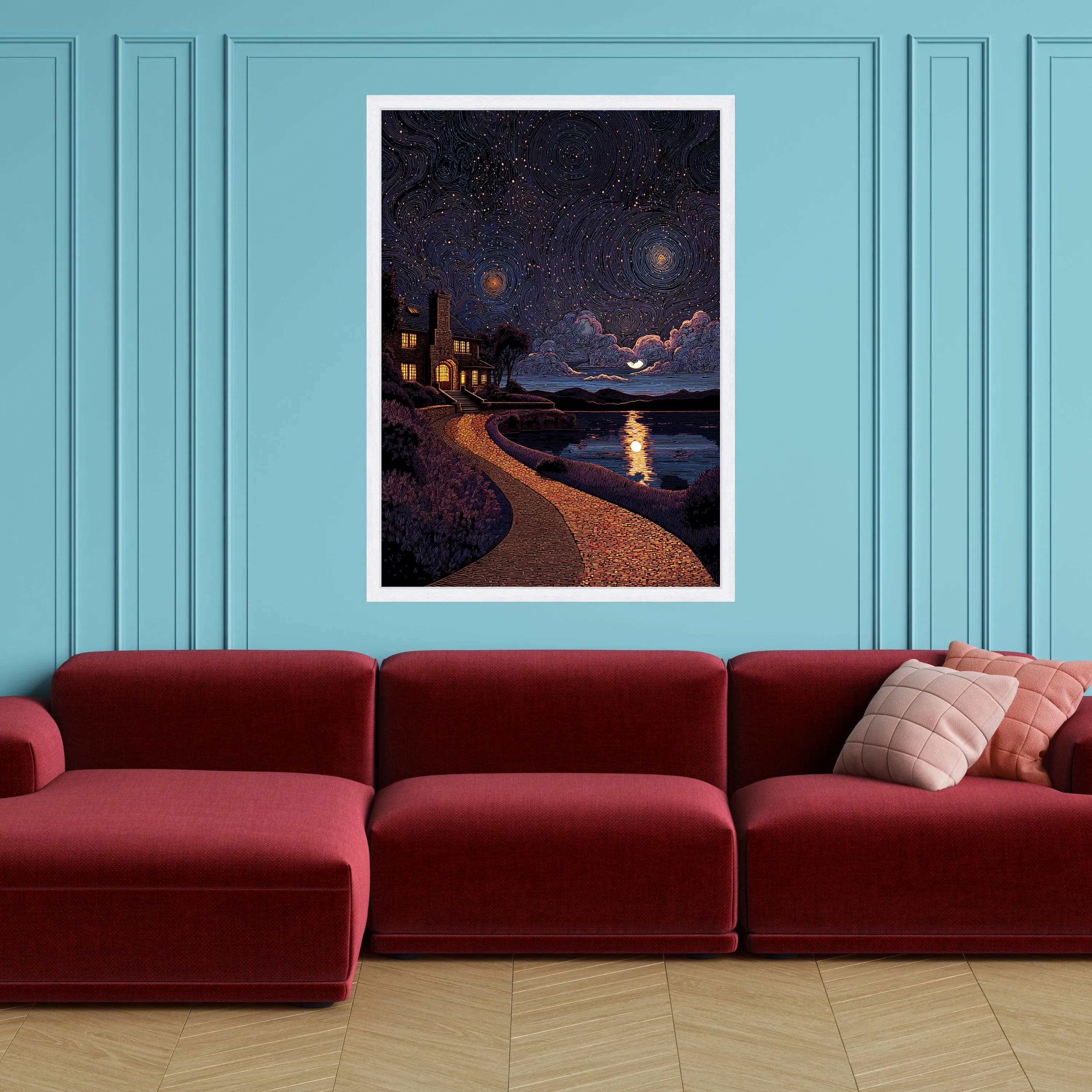 Starry Night Sky Canvas, Cozy Cottage by Lake, Moonlight Reflection Wall Art, Scenic Nature Landscape Canvas, Evening Home Decor - image 4