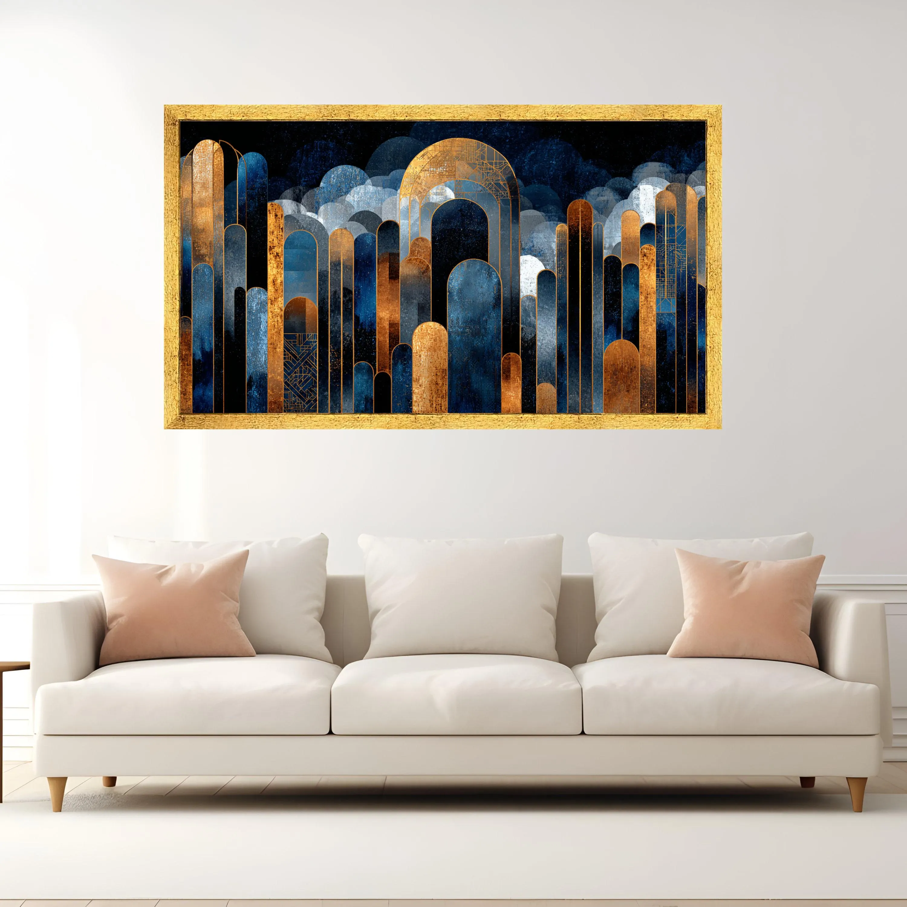 Modern Abstract Cityscape Canvas, Blue and Gold Geometric Wall Art, Urban Skyline Design, Contemporary Home Decoration Canvas - image 3