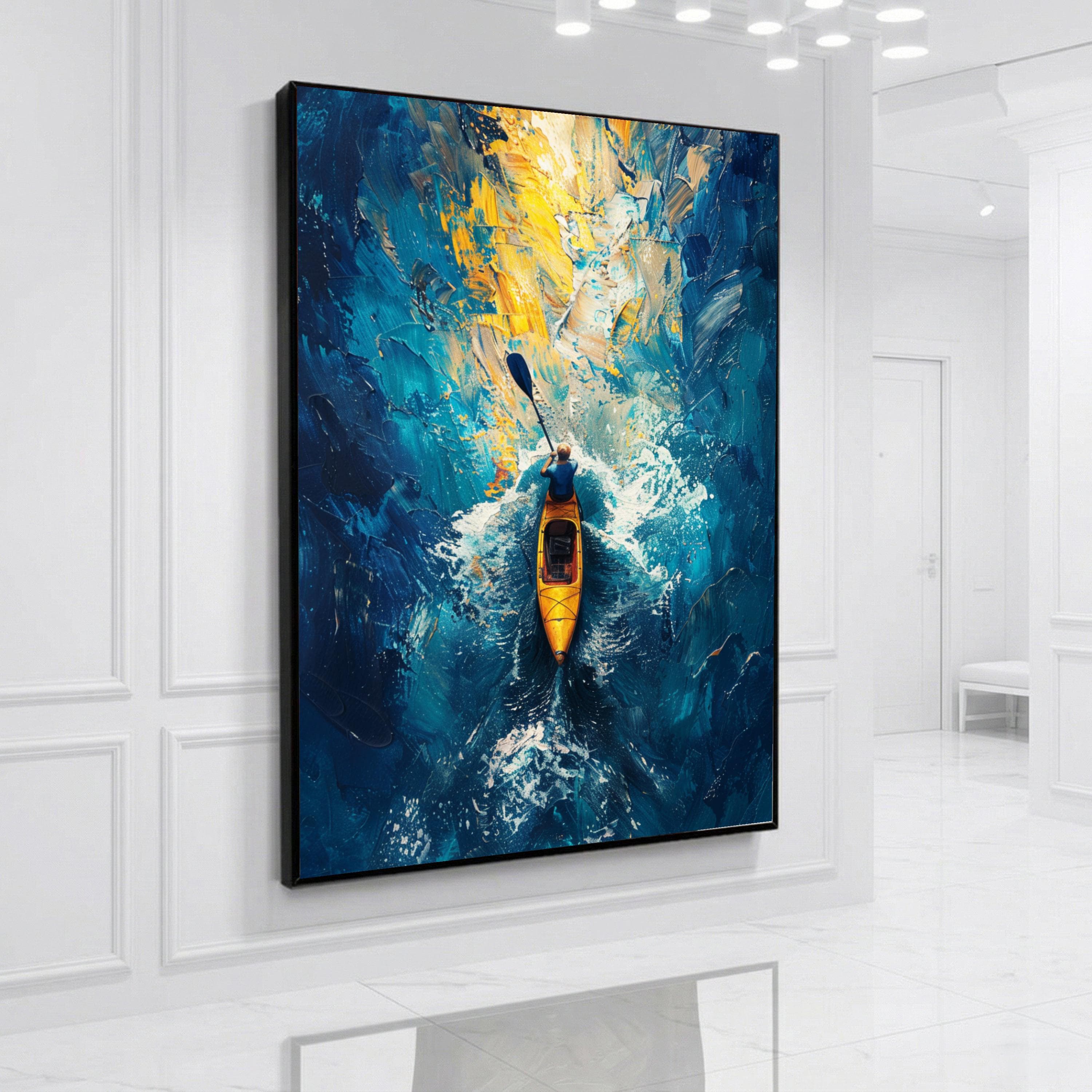 Kayaker Yellow Canoe Abstract Canvas Art, Blue Water Splash Wall Décor