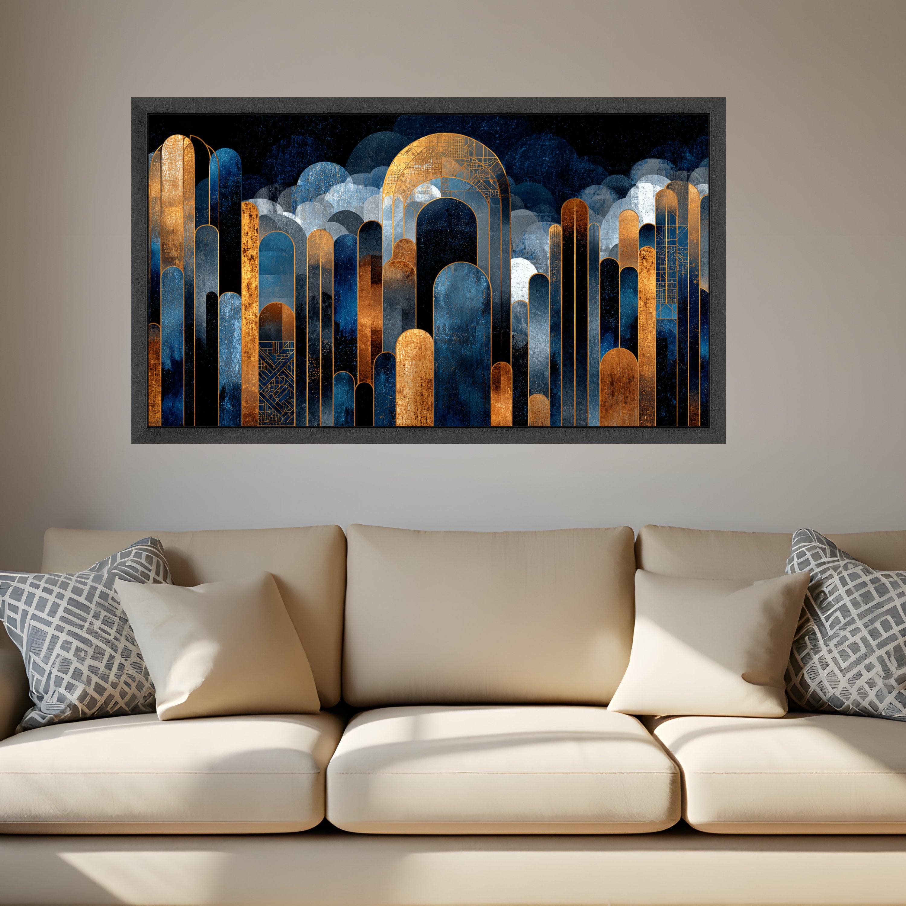 Modern Abstract Cityscape Canvas, Blue and Gold Geometric Wall Art, Urban Skyline Design, Contemporary Home Decoration Canvas - image 4