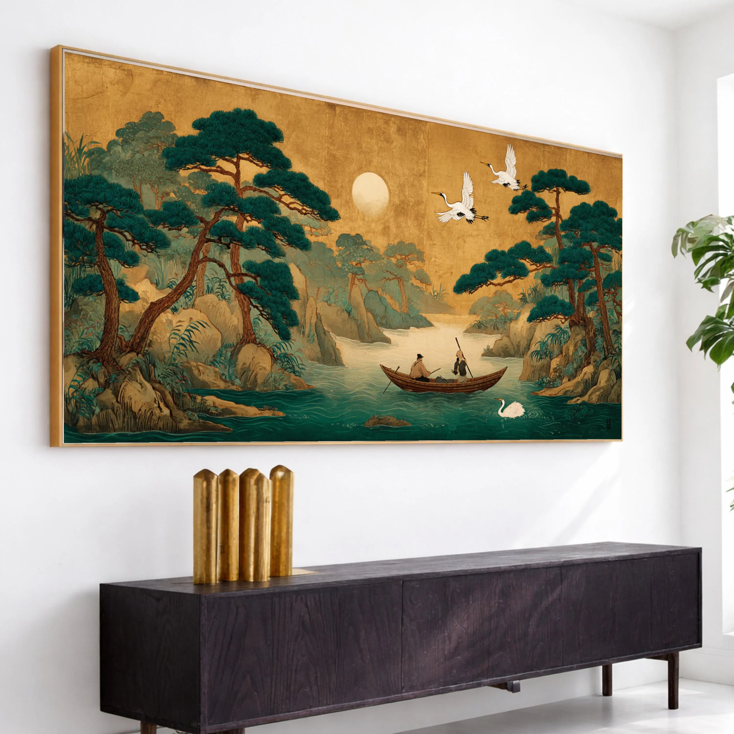 Traditional Asian River Scene Canvas, Fishermen Boat, Pine Trees, Cranes Wall Art