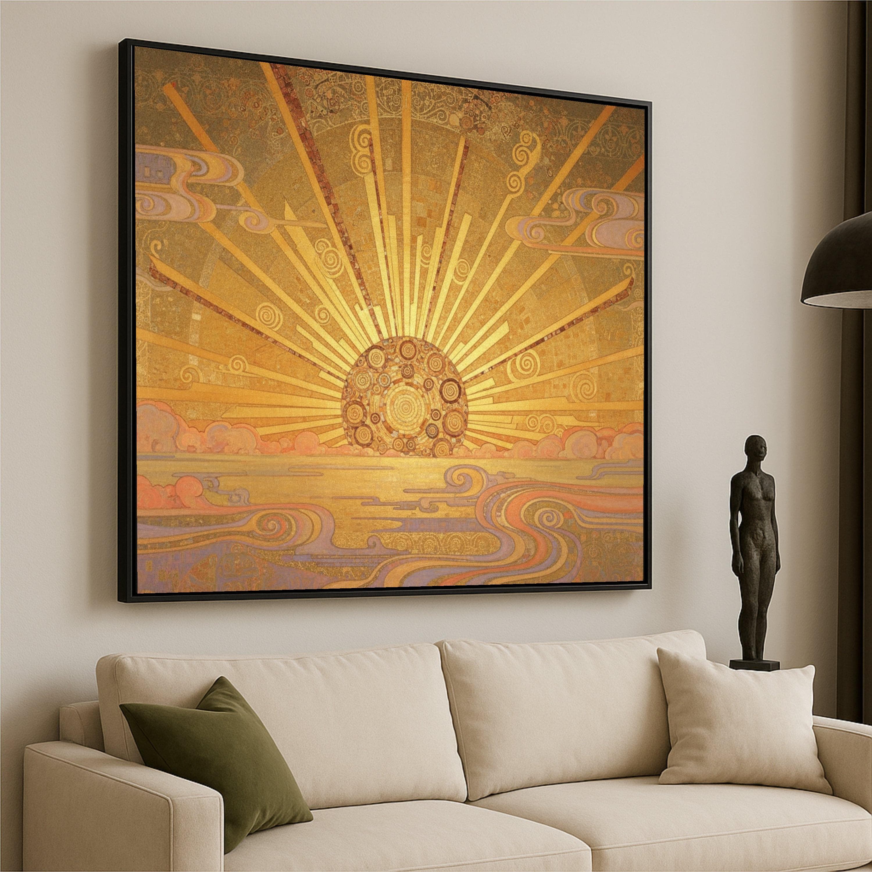 Golden Sunrise Abstract Canvas Wall Art, Sun Rays Decorative Painting, Modern Sunburst Canvas, Vintage Style Home Decor, Ready to Hang