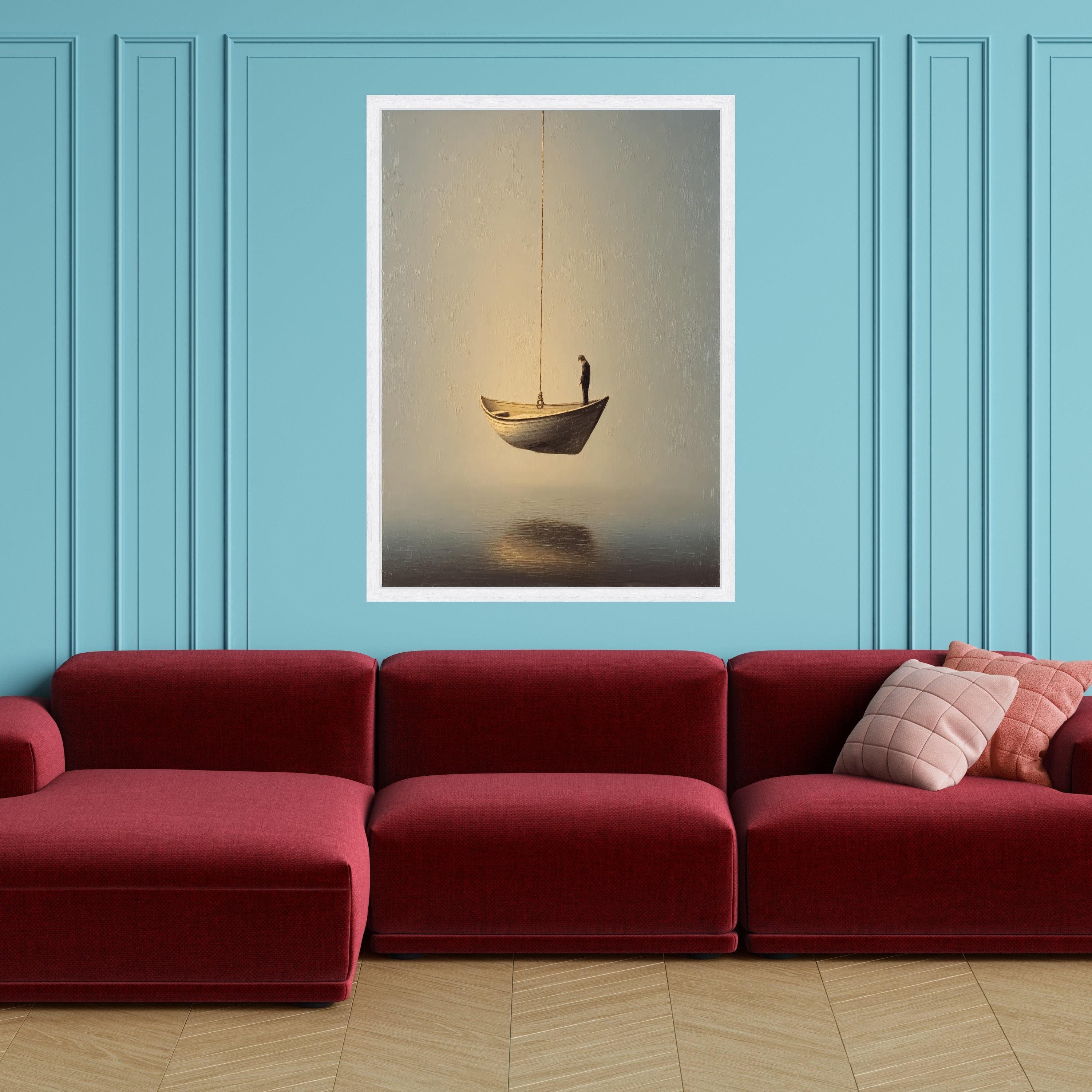 Contemplative Man on Suspended Boat Canvas, Minimalist Surreal Wall Art, Reflective Mood Home Decor, Thoughtful Figure Canvas - image 4