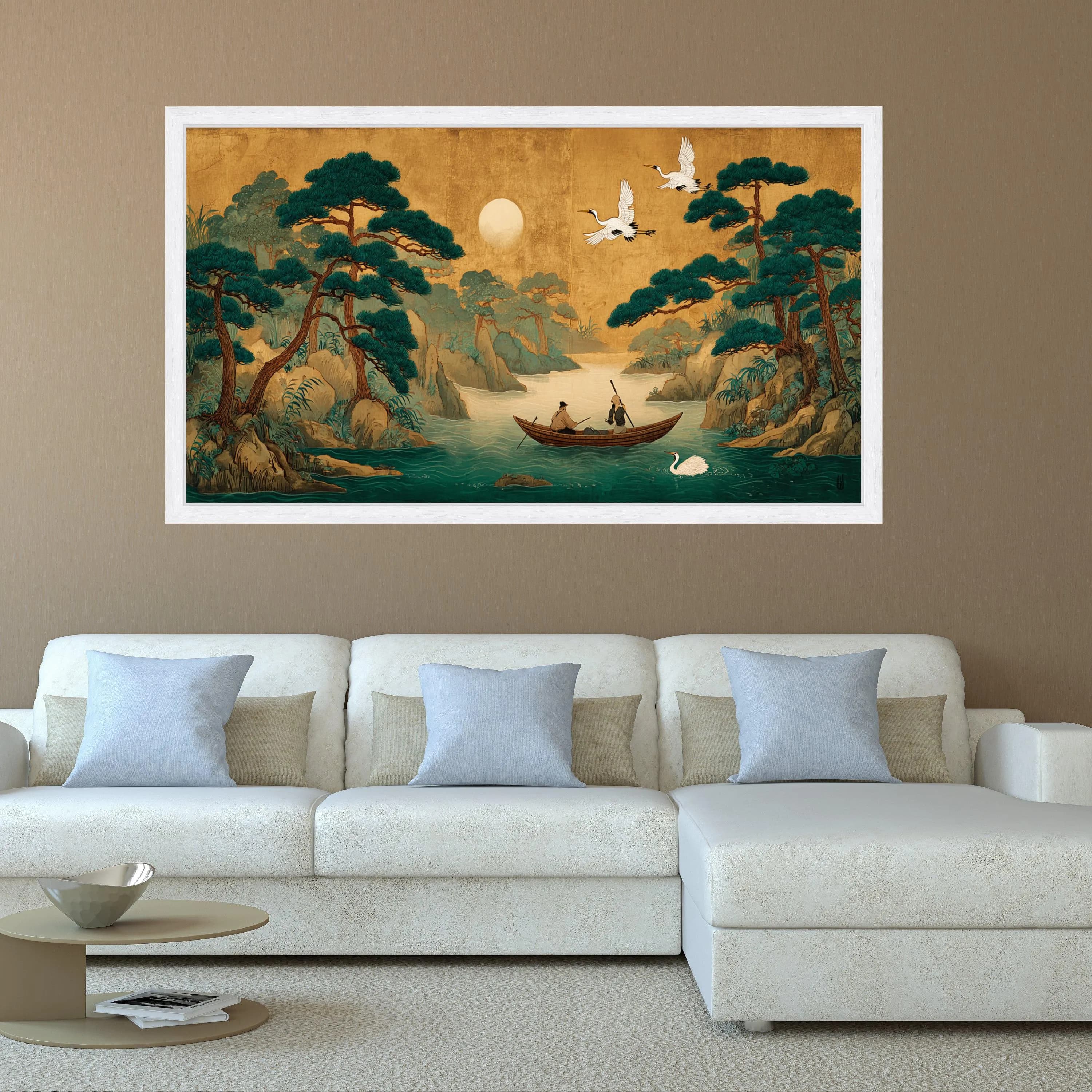 Traditional Asian River Scene Canvas, Fishermen Boat, Pine Trees, Cranes Wall Art - image 5