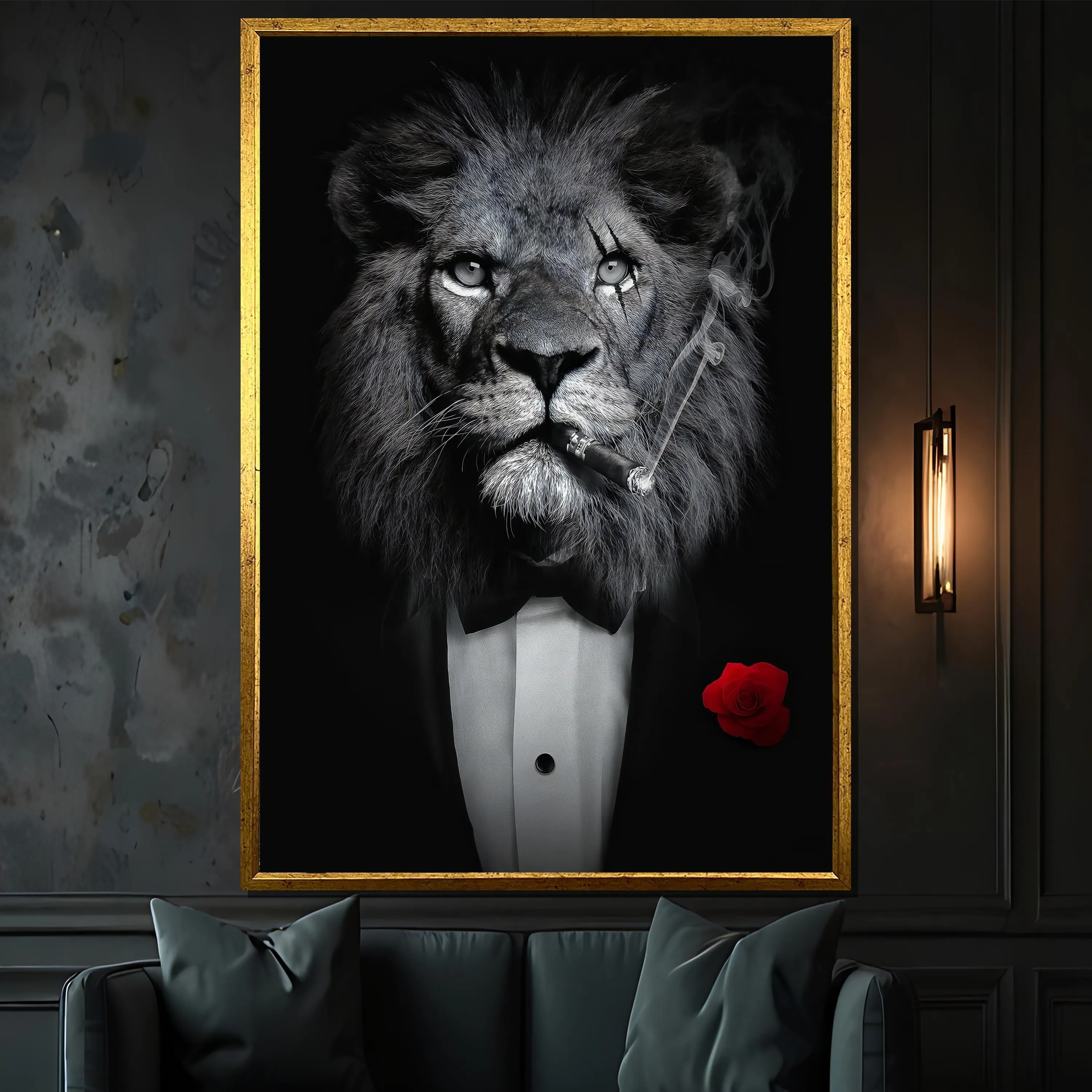 Lion in Tuxedo Canvas Art | Cigar Smoking Animal Print