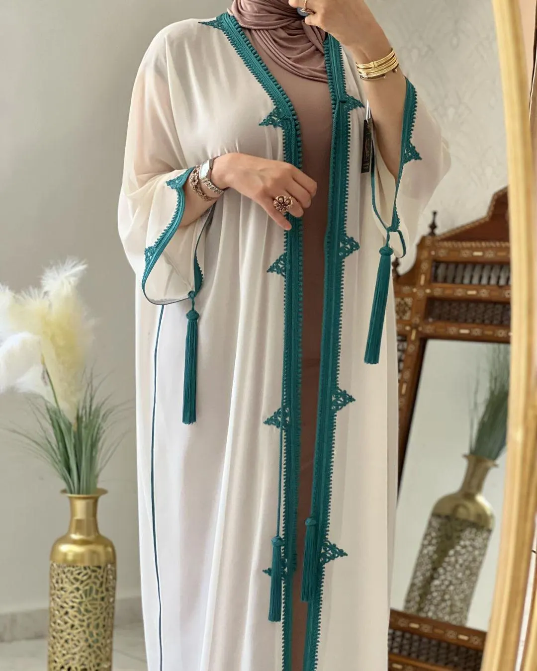 White and Teal Moroccan Bridal Kaftan Set with Tassels, Nikah and Henna Dress, Plus Size