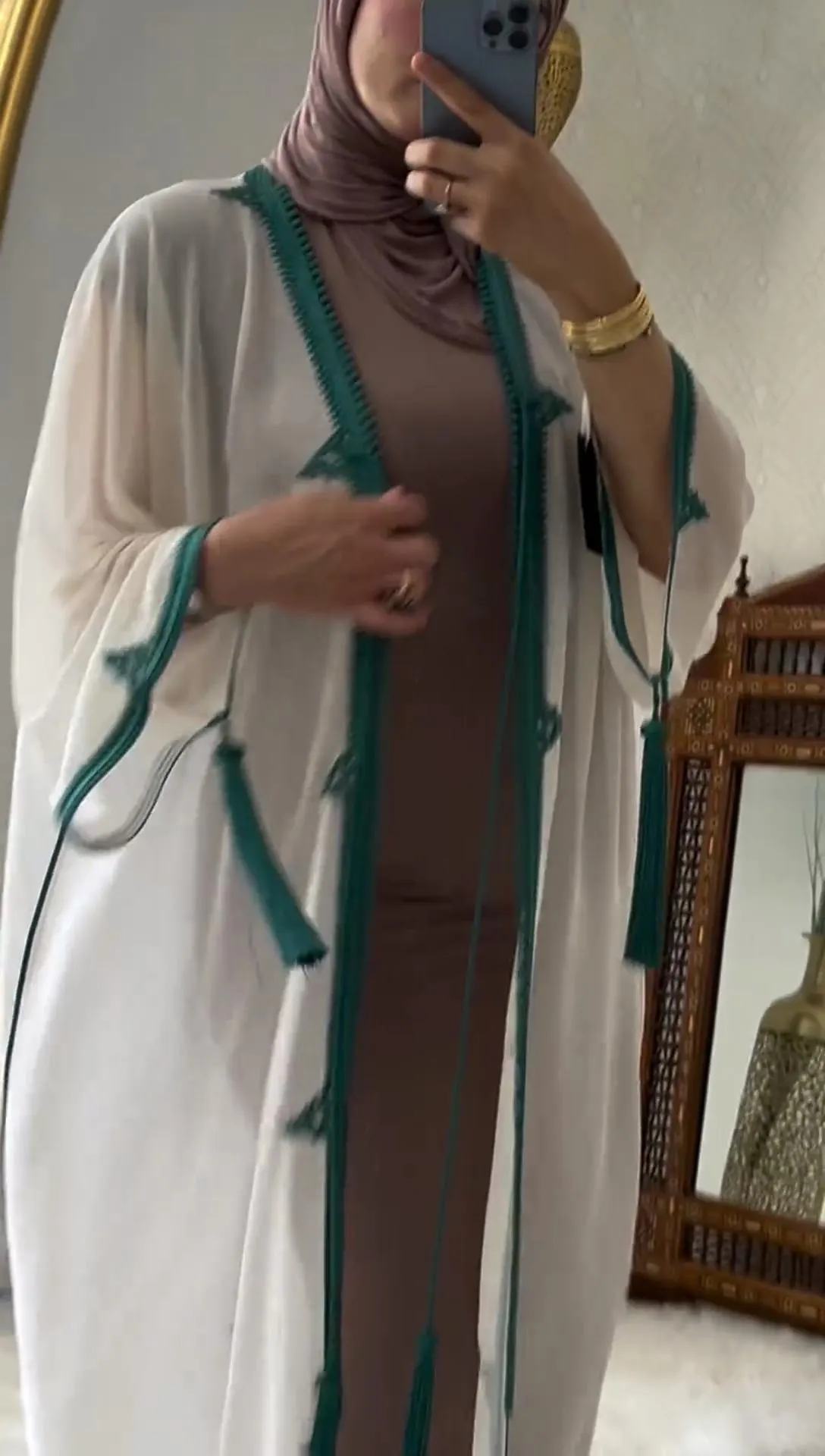 White and Teal Moroccan Bridal Kaftan Set with Tassels, Nikah and Henna Dress, Plus Size - image 5