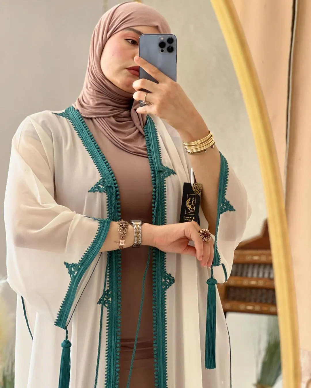 White and Teal Moroccan Bridal Kaftan Set with Tassels, Nikah and Henna Dress, Plus Size - image 2