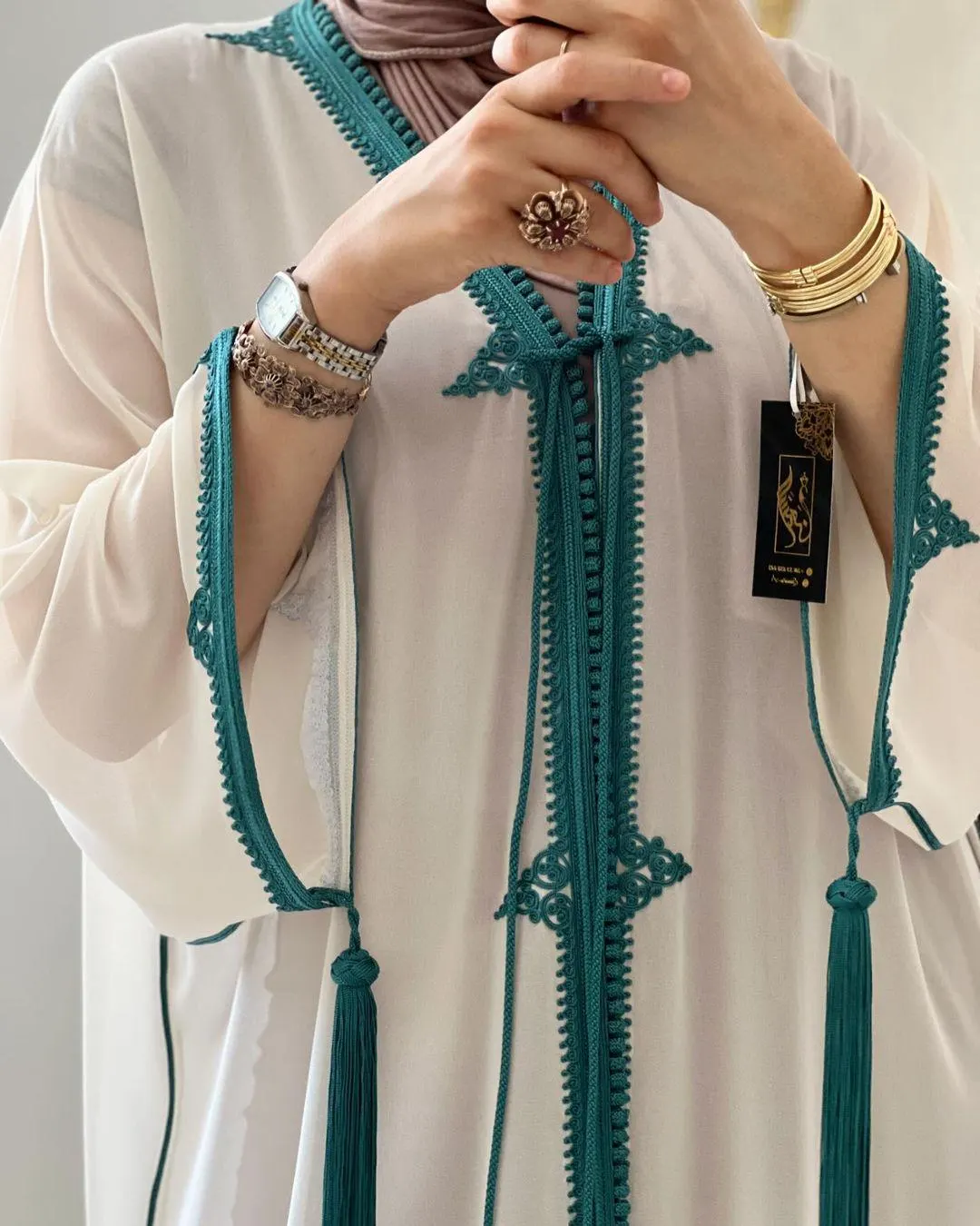 White and Teal Moroccan Bridal Kaftan Set with Tassels, Nikah and Henna Dress, Plus Size - image 3